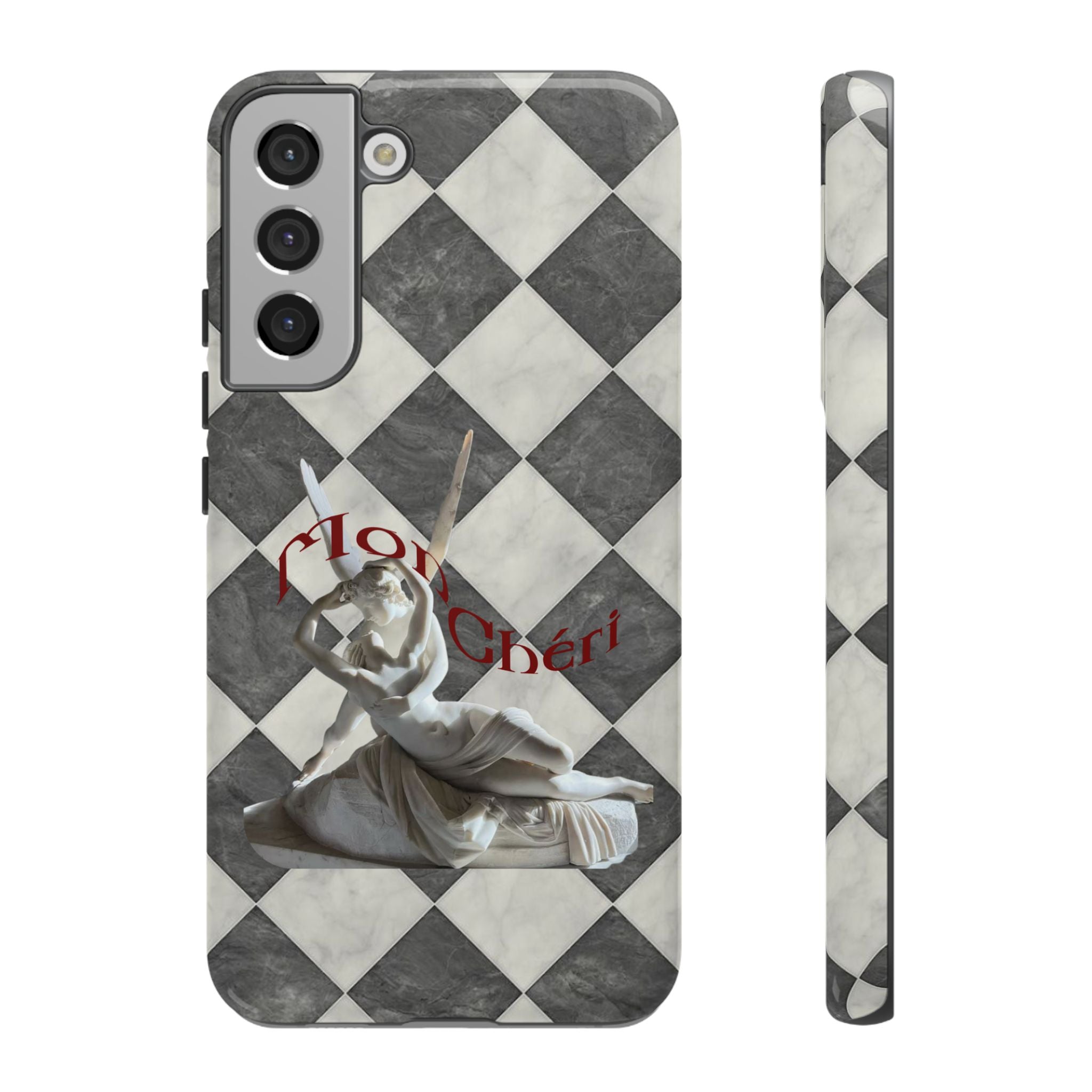 Phone Case — Vintage Harlequin Design with 'Mon Cheri' Statue Accent