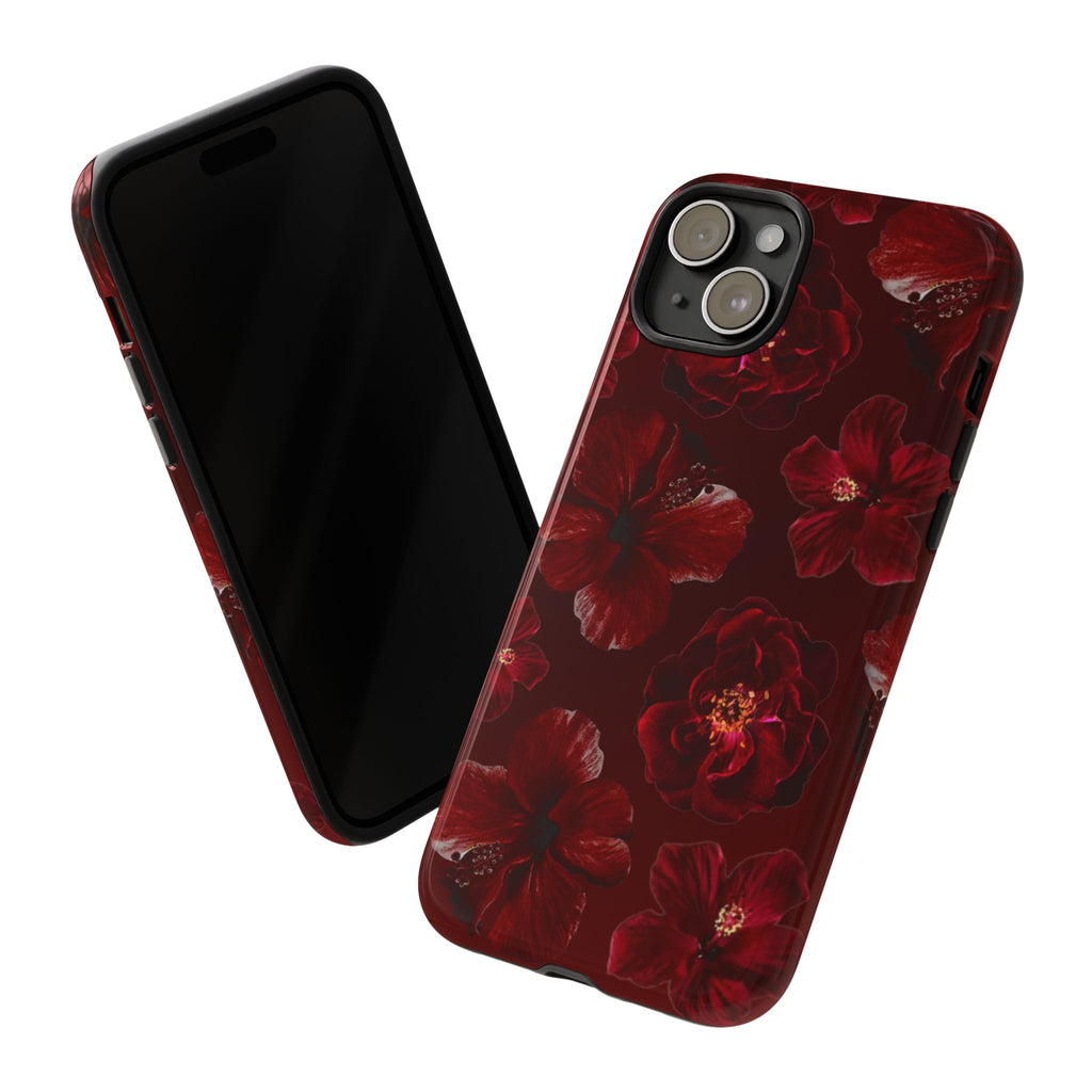 Dark Red Floral Phone Case – Protective Tough Case with Burgundy Roses