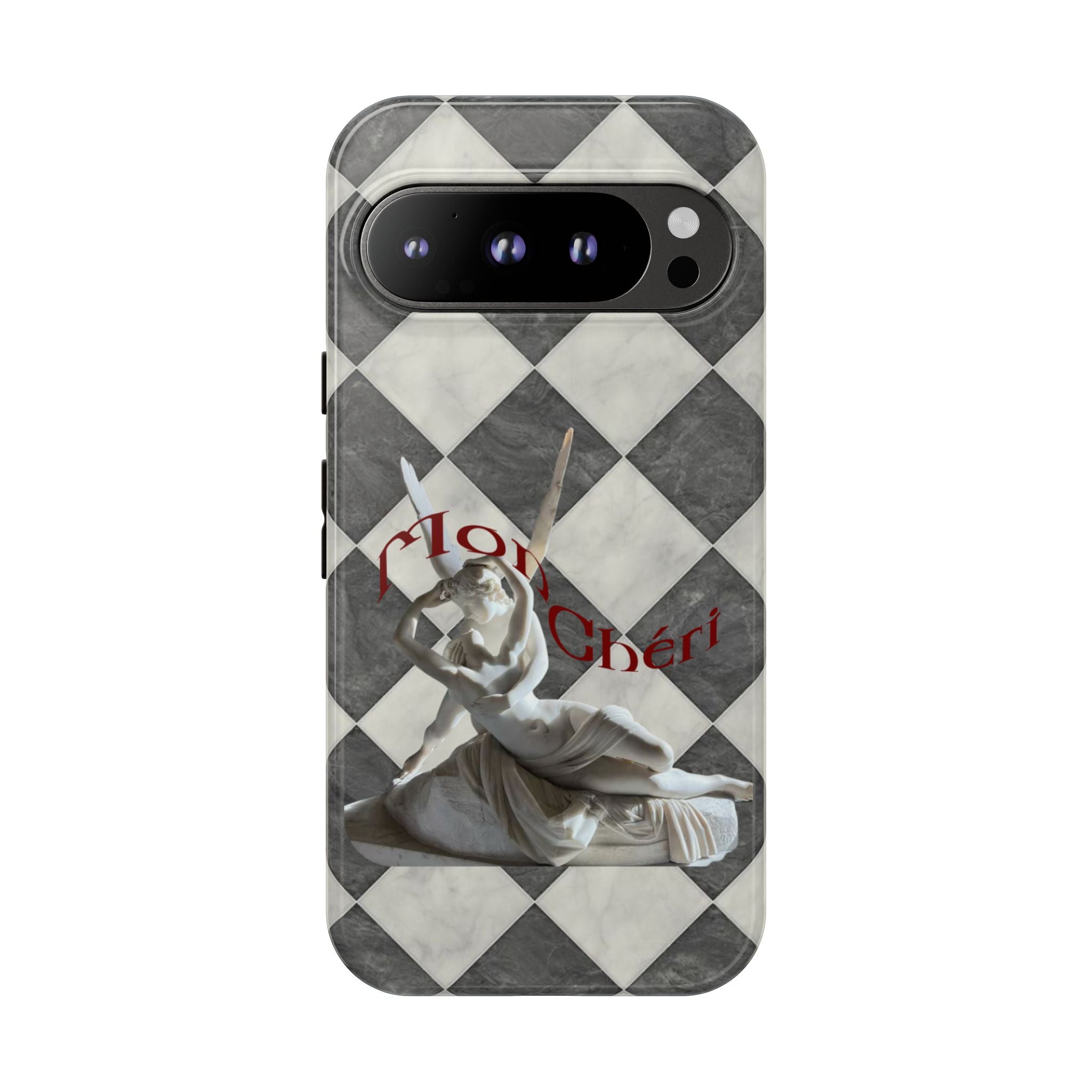 Phone Case — Vintage Harlequin Design with 'Mon Cheri' Statue Accent
