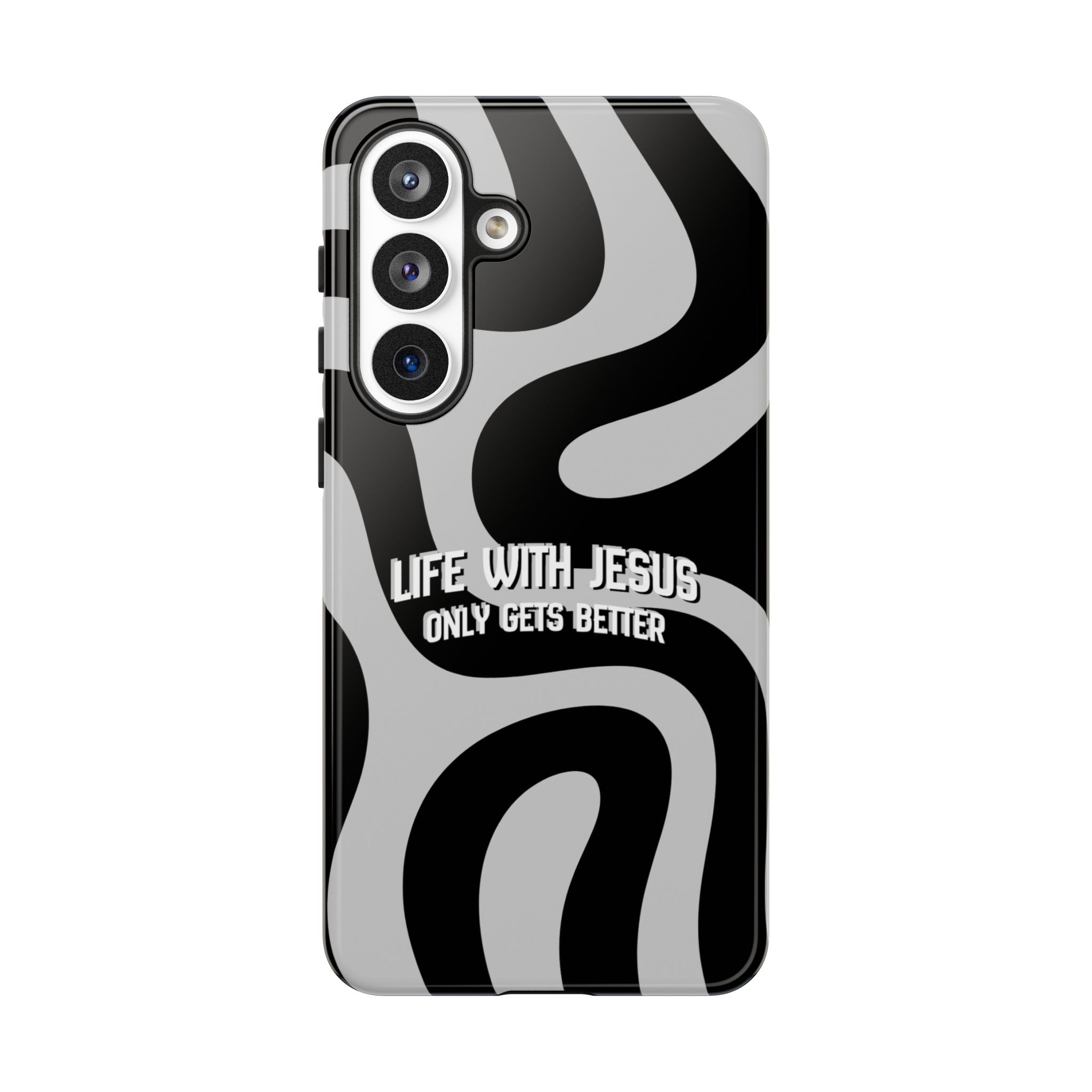Christian iPhone Tough Case — "Life With Jesus Only Gets Better" Black & White Swirl Design