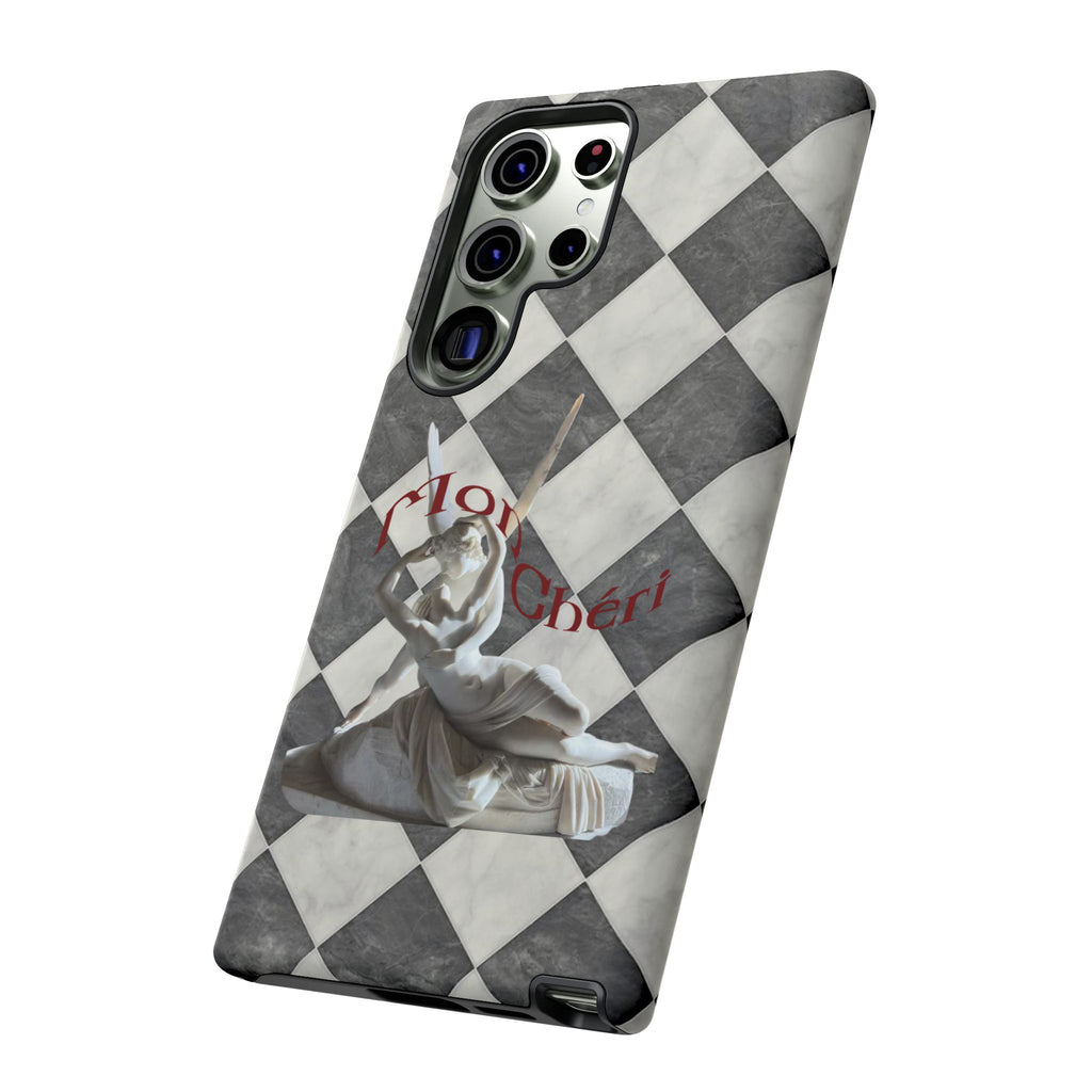 Phone Case — Vintage Harlequin Design with 'Mon Cheri' Statue Accent