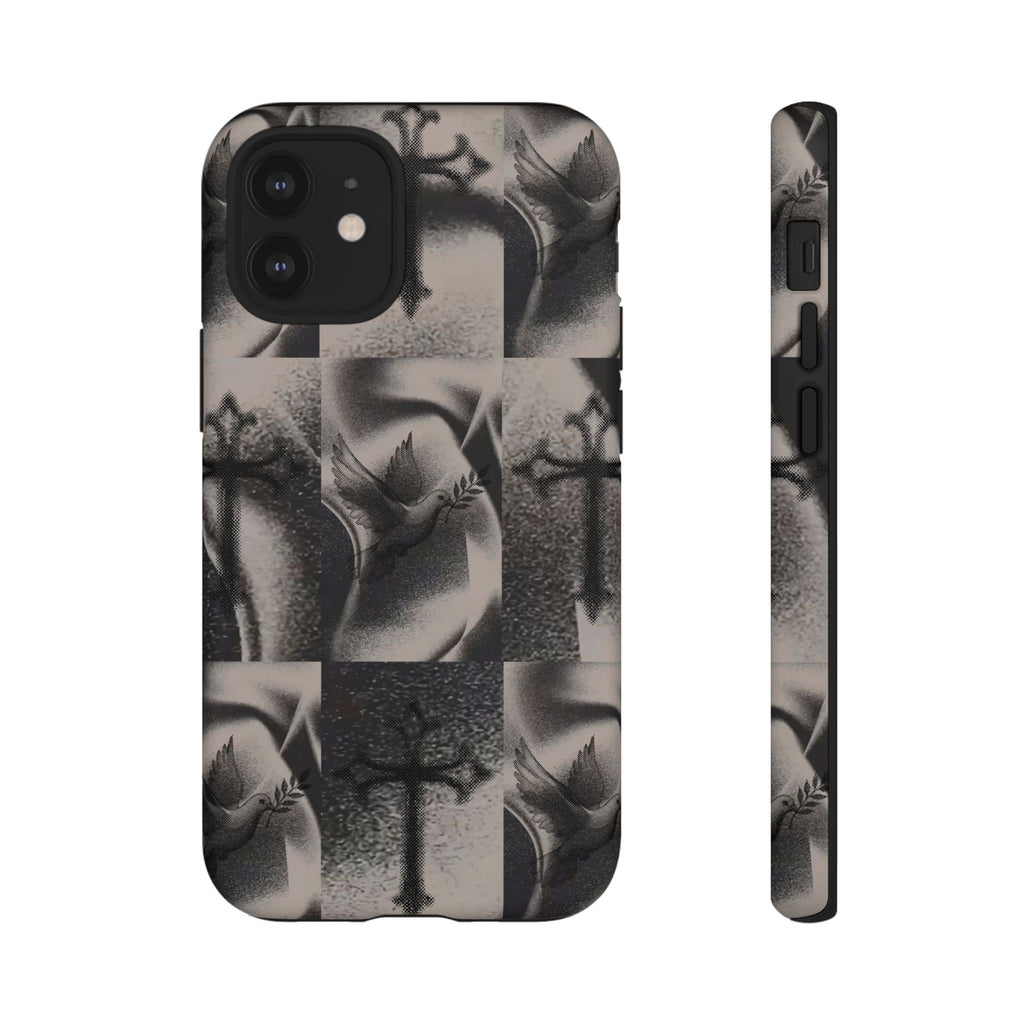 Gothic Cross & Dove Phone Case — Moody Checkerboard Protective Case