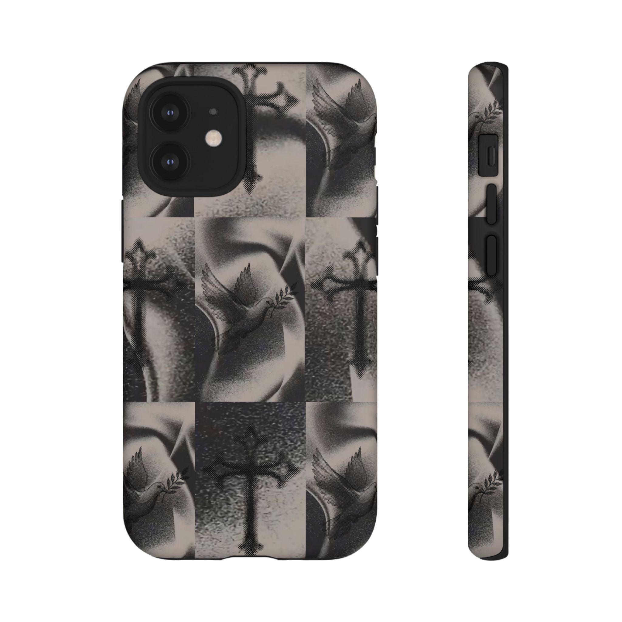 Gothic Cross & Dove Phone Case — Moody Checkerboard Protective Case