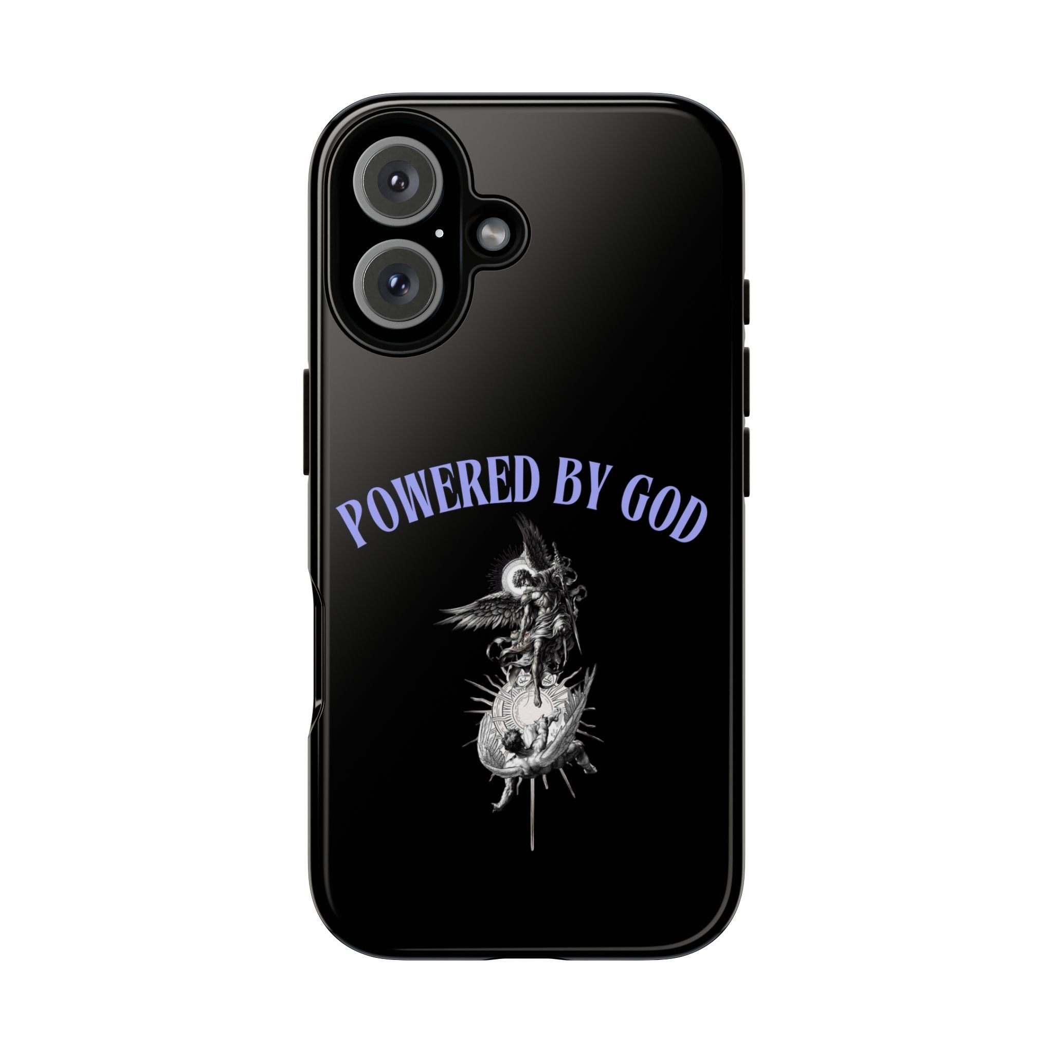 Phone Case — "Powered by God" Black Protective Case with Angelic Skull Design