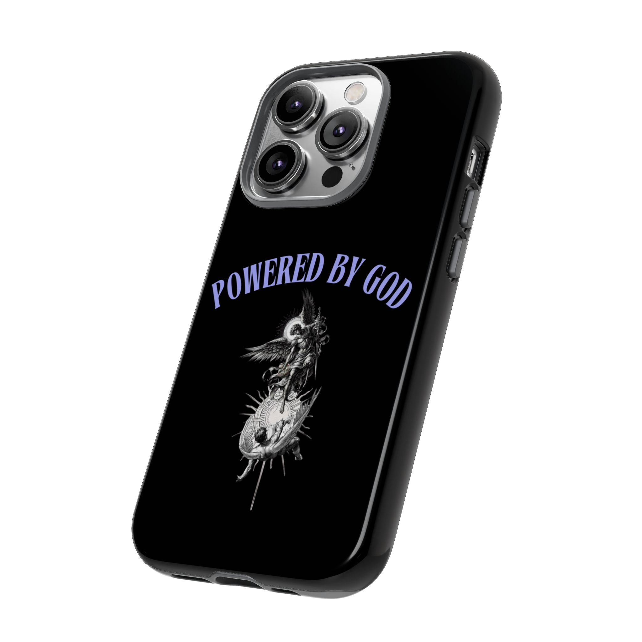 Phone Case — "Powered by God" Black Protective Case with Angelic Skull Design