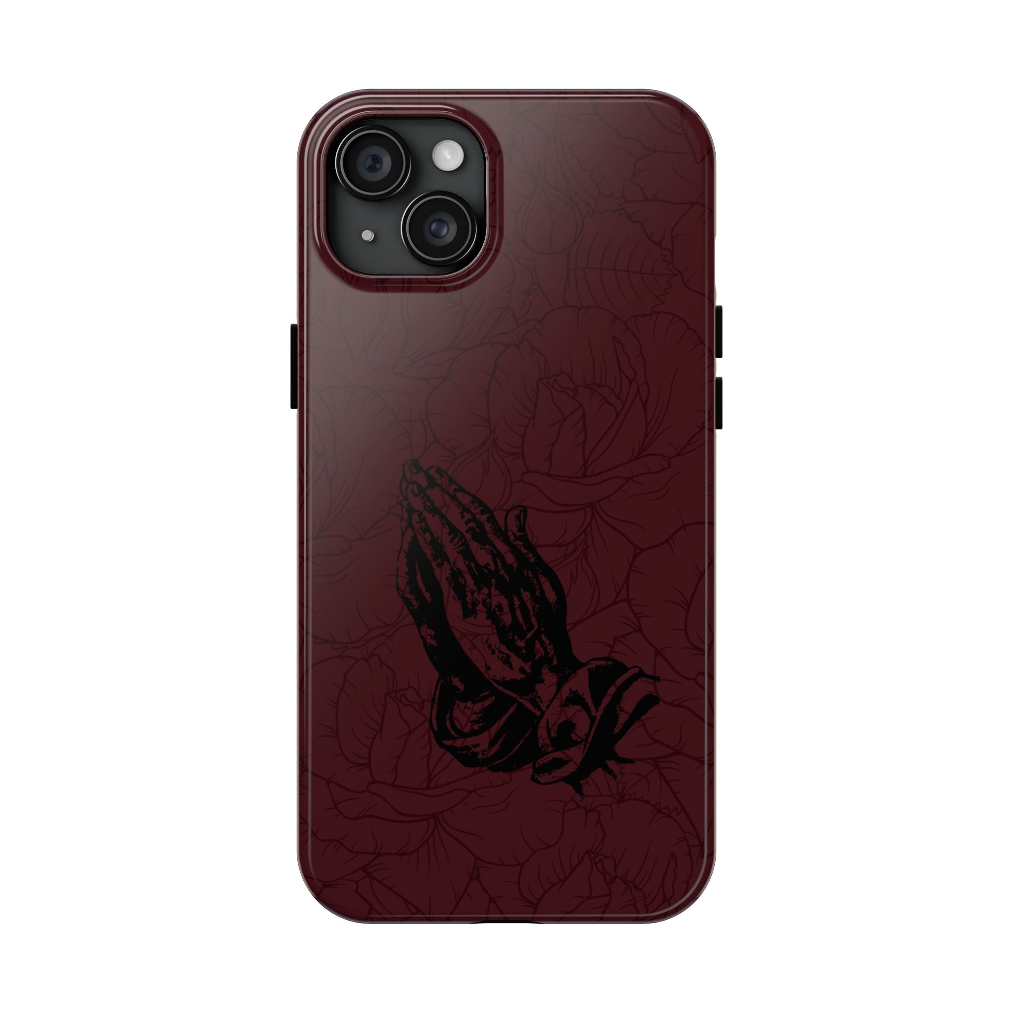 Burgundy Praying Hands Tough Phone Case – Floral Background, Religious Protective Cover