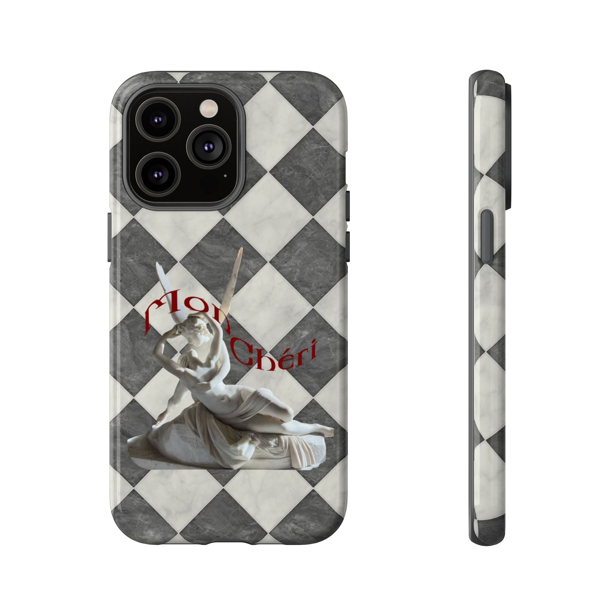 Phone Case — Vintage Harlequin Design with 'Mon Cheri' Statue Accent