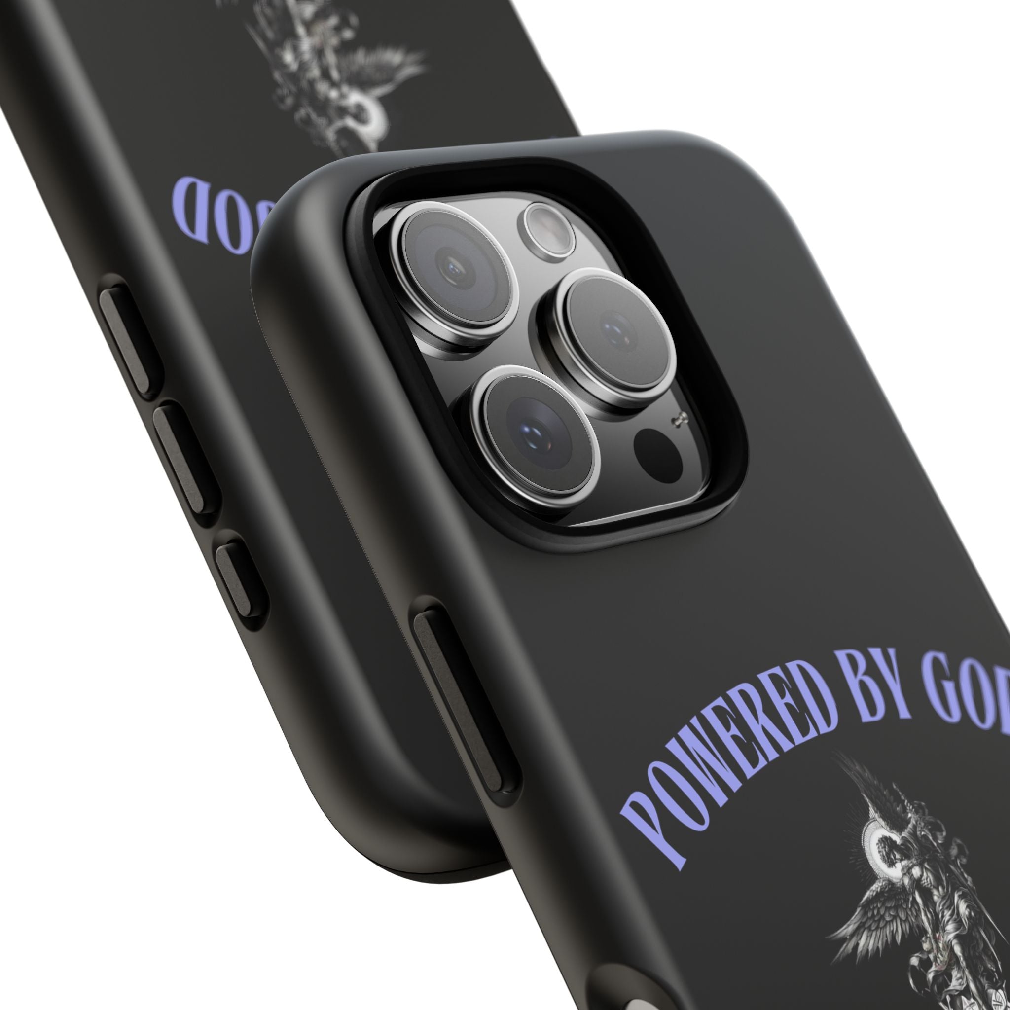 Phone Case — "Powered by God" Black Protective Case with Angelic Skull Design