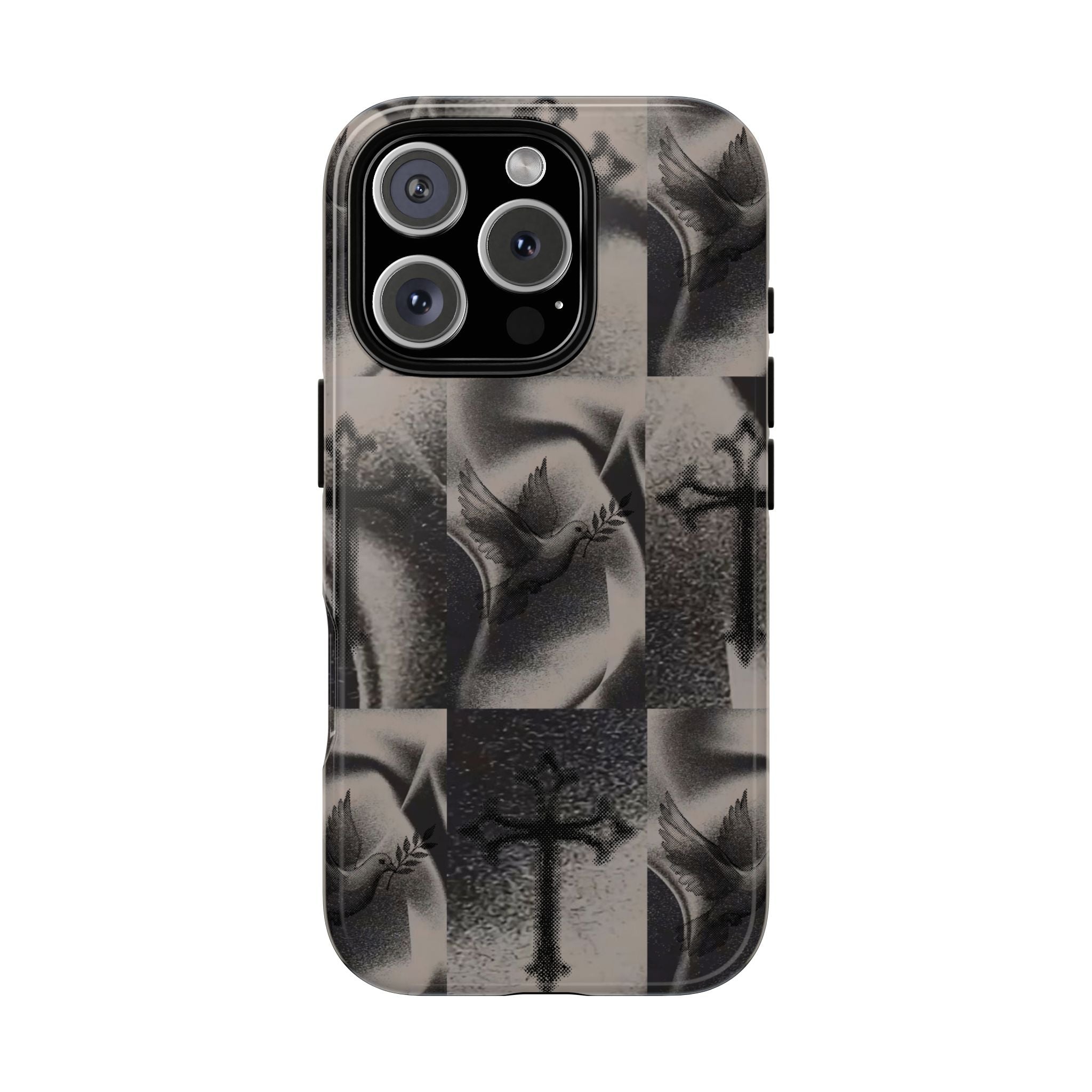 Gothic Cross & Dove Phone Case — Moody Checkerboard Protective Case