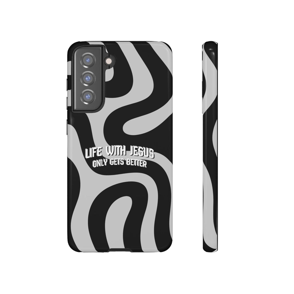 Christian iPhone Tough Case — "Life With Jesus Only Gets Better" Black & White Swirl Design