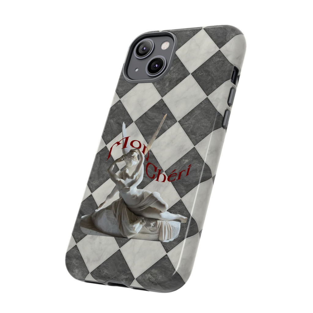 Phone Case — Vintage Harlequin Design with 'Mon Cheri' Statue Accent
