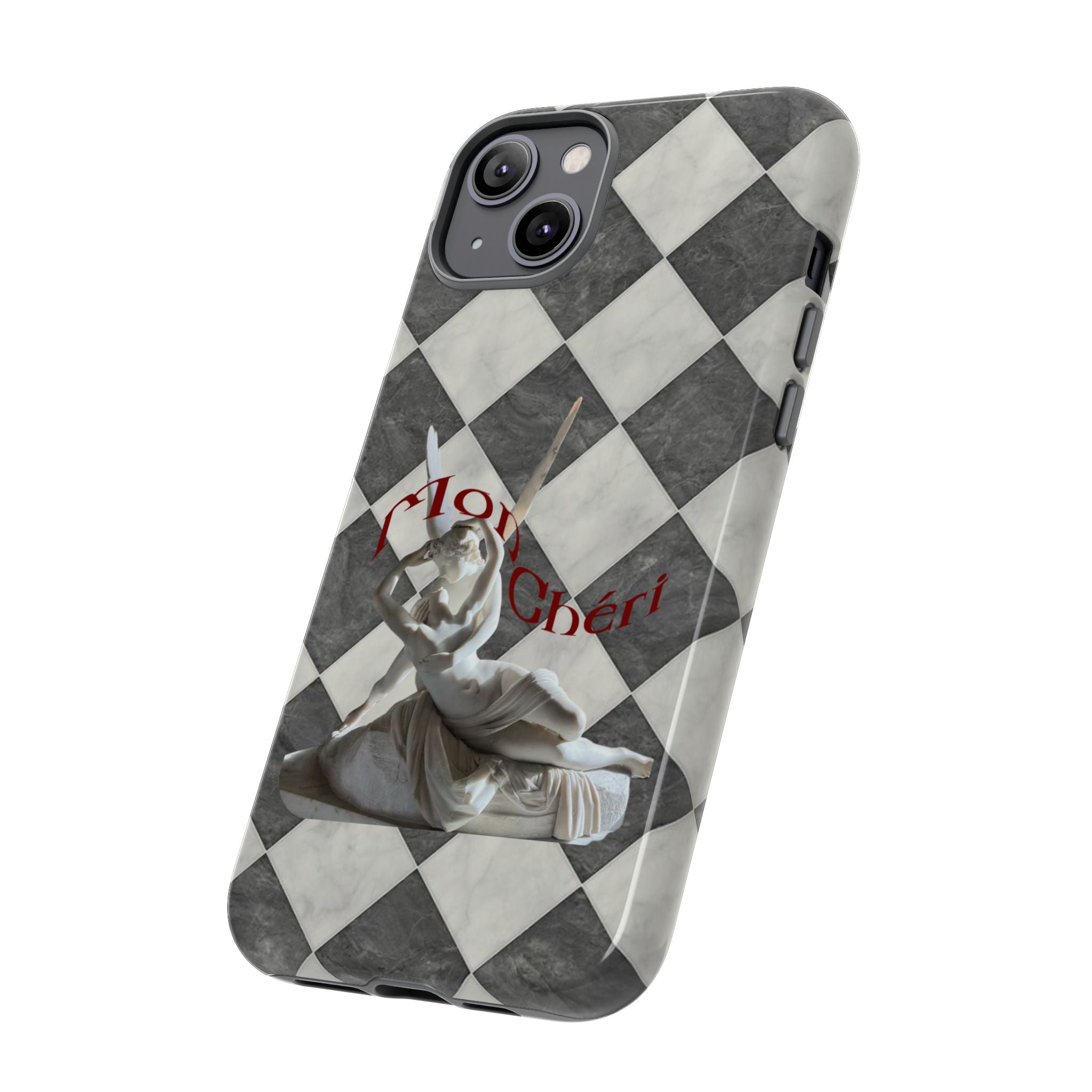 Phone Case — Vintage Harlequin Design with 'Mon Cheri' Statue Accent