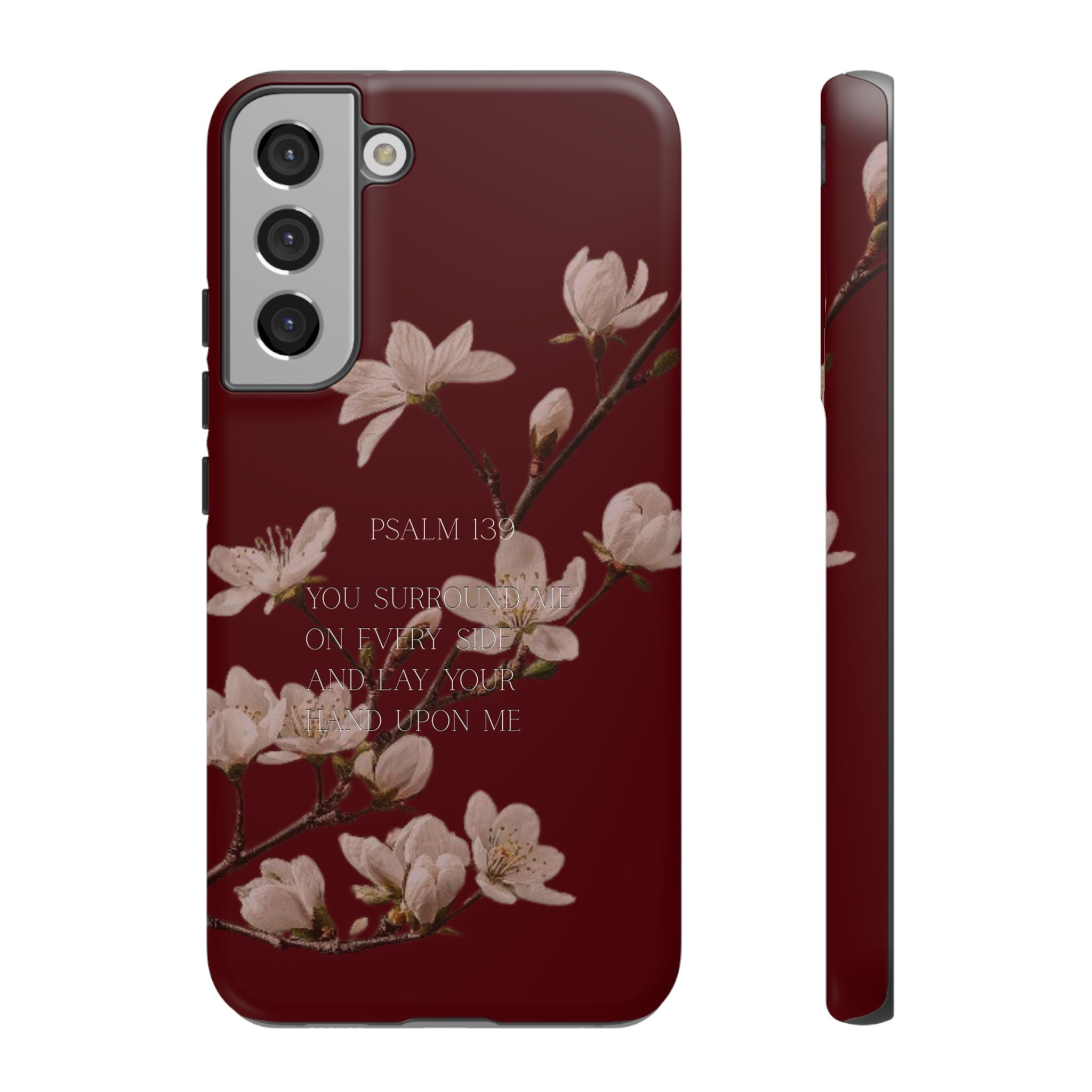 Floral Psalm Tough Phone Case — Burgundy Magnolia Branch with Psalm 139 Verse