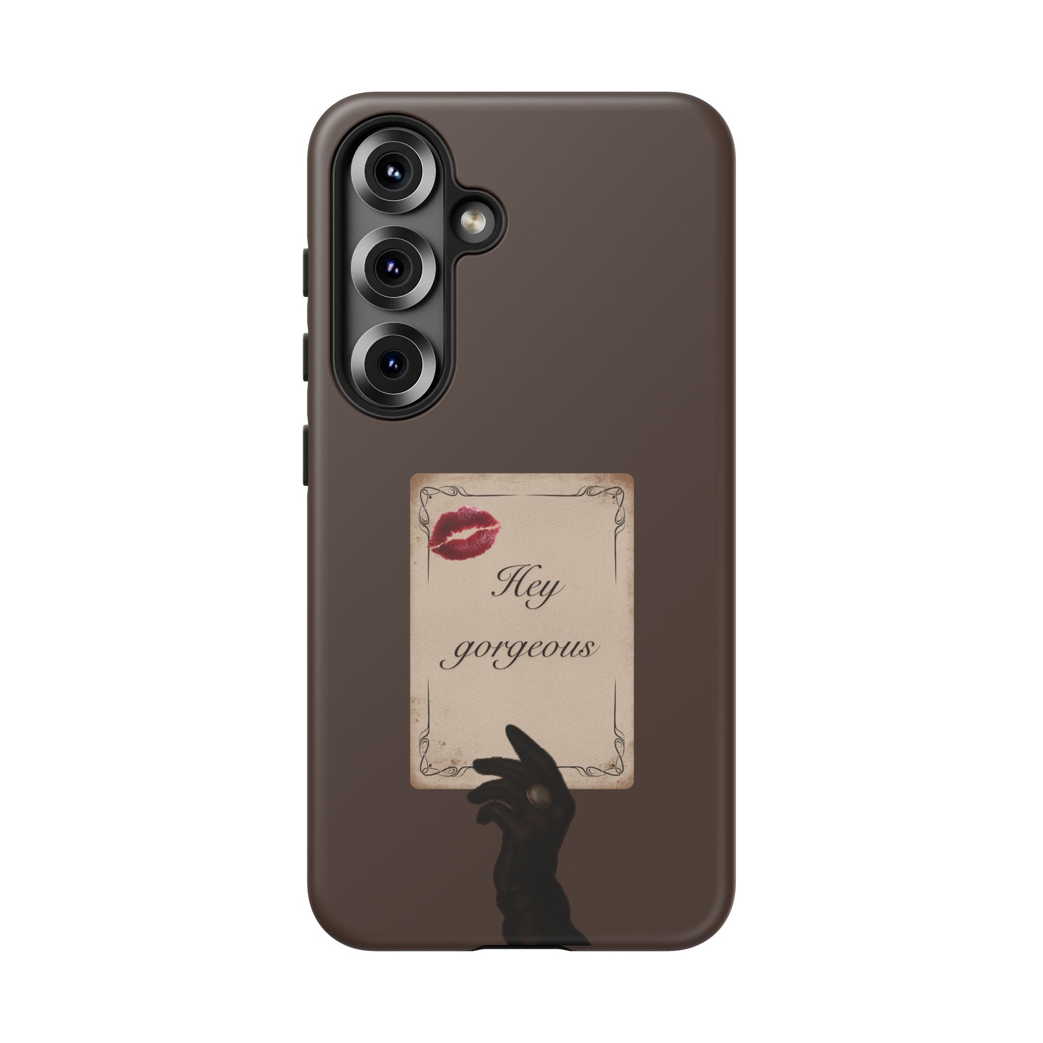 Hey Gorgeous Phone Case — Brown Lip Print & Shadow Hand Protective Cover