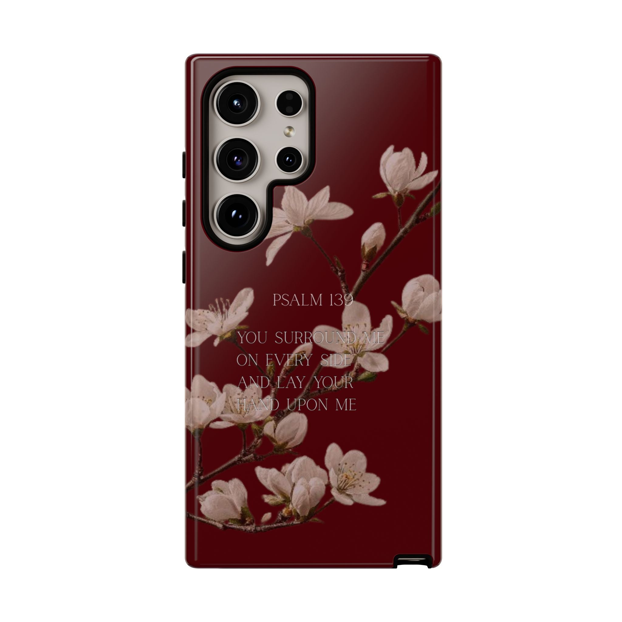 Floral Psalm Tough Phone Case — Burgundy Magnolia Branch with Psalm 139 Verse