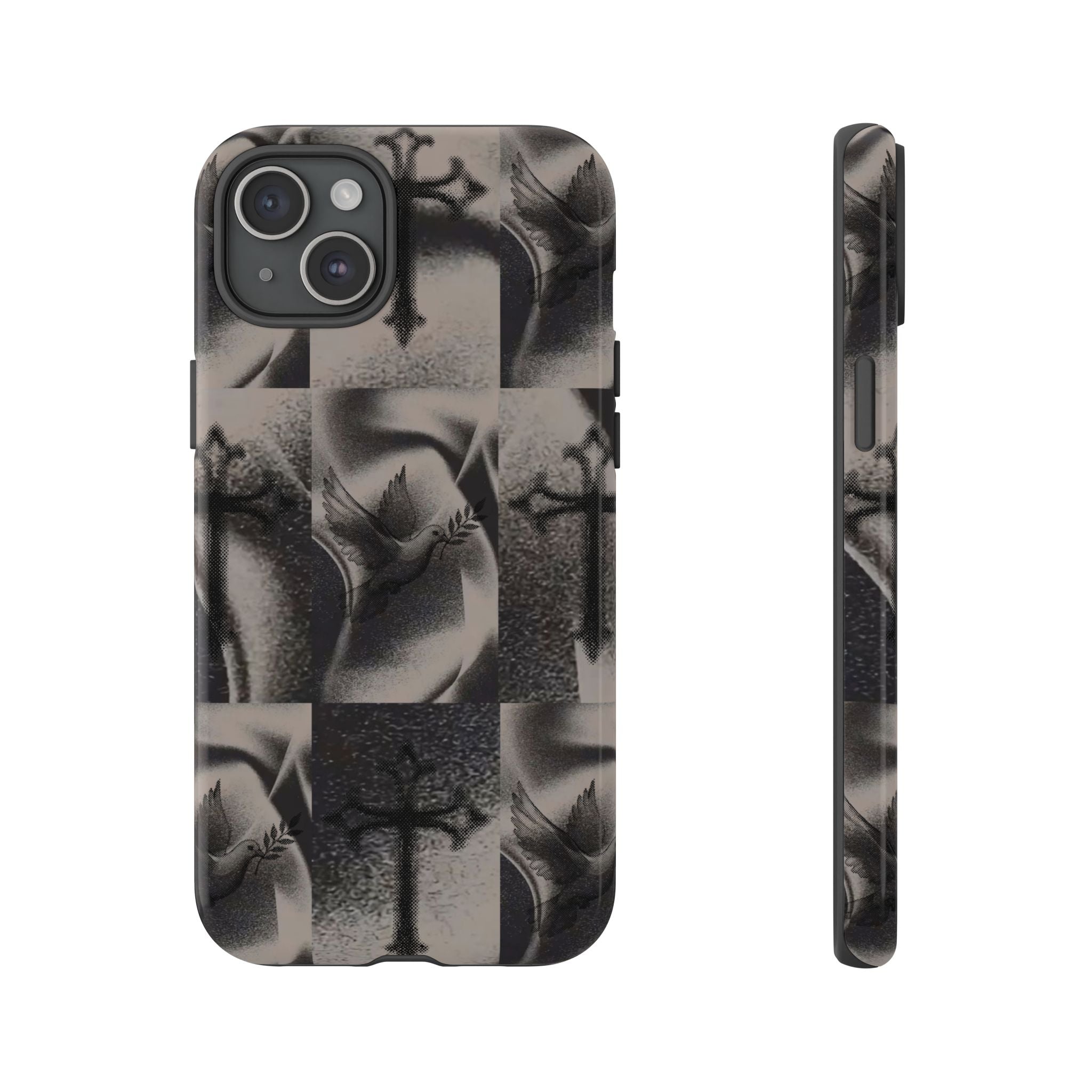 Gothic Cross & Dove Phone Case — Moody Checkerboard Protective Case