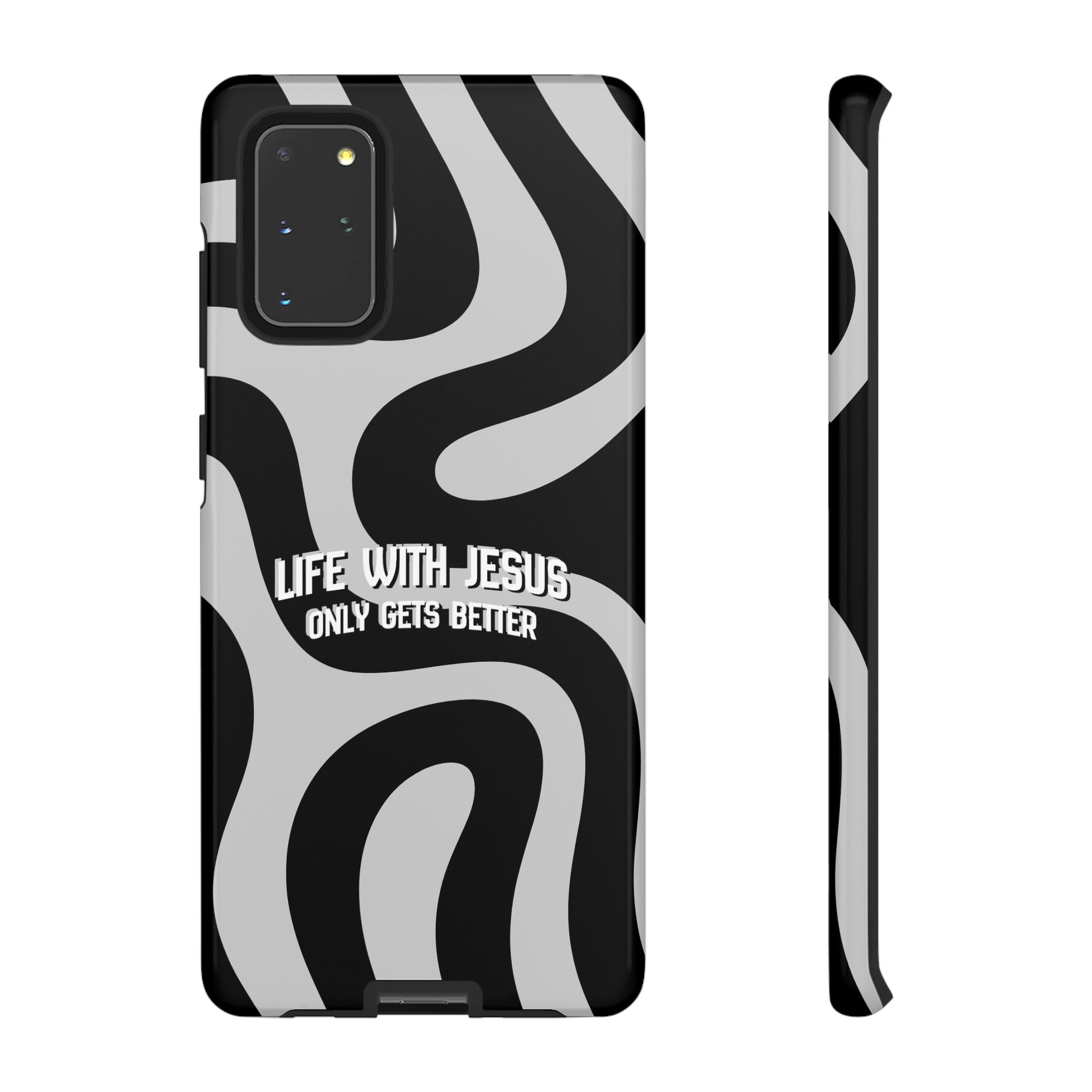 Christian iPhone Tough Case — "Life With Jesus Only Gets Better" Black & White Swirl Design