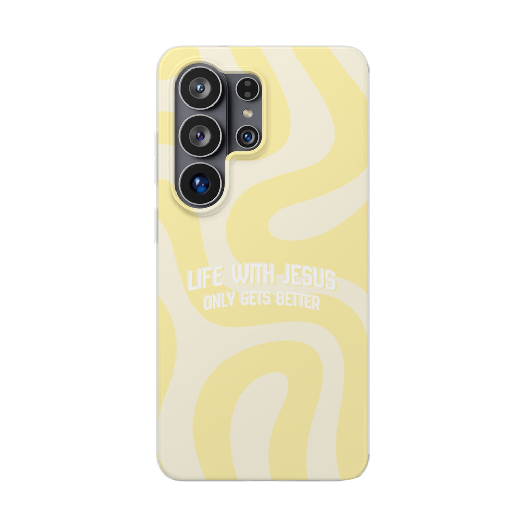 Christian Phone Case - "Life With Jesus Only Gets Better" Yellow Swirl Flexi Case