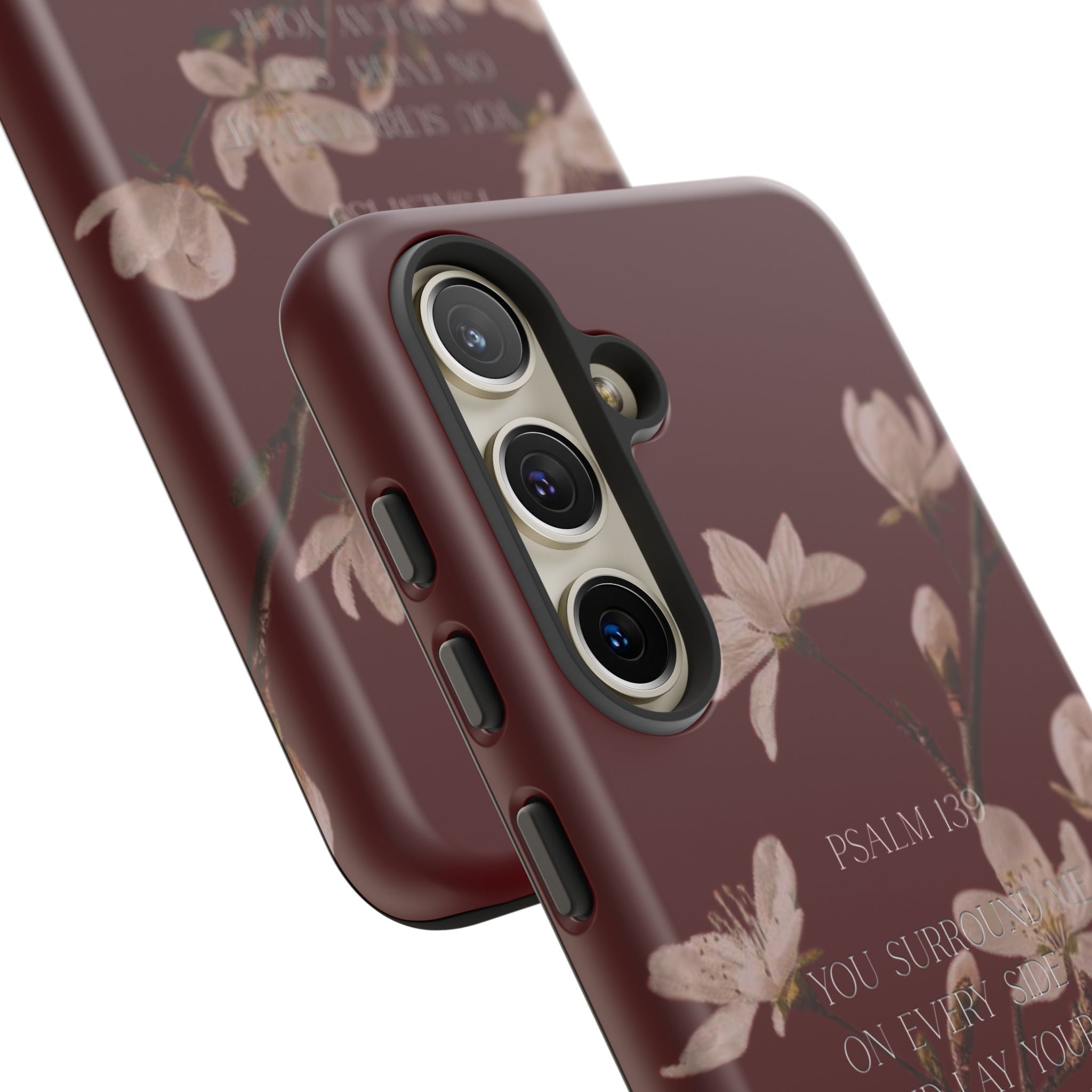 Floral Psalm Tough Phone Case — Burgundy Magnolia Branch with Psalm 139 Verse