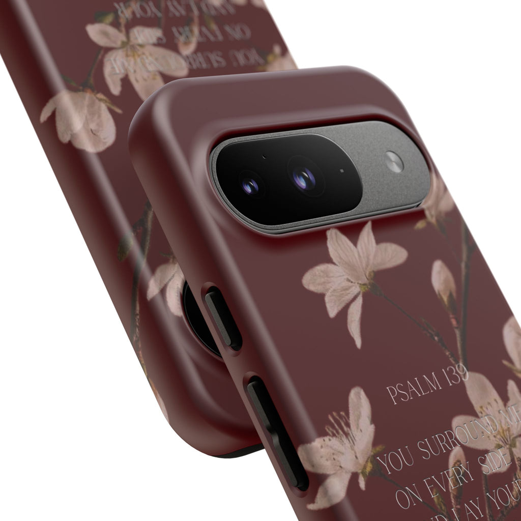 Floral Psalm Tough Phone Case — Burgundy Magnolia Branch with Psalm 139 Verse