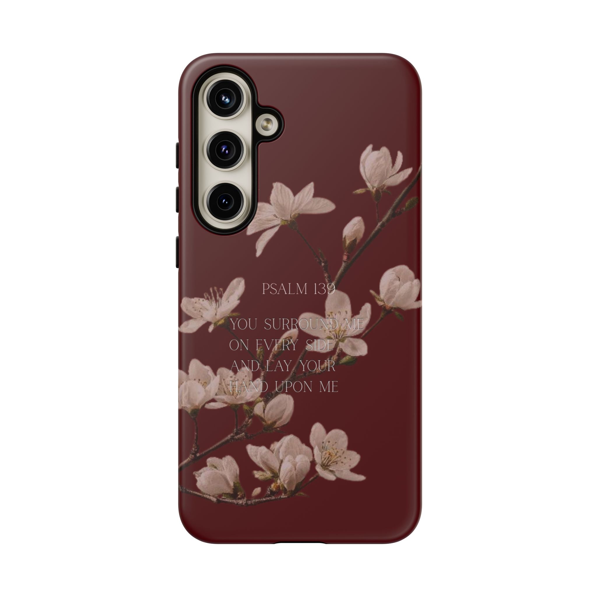 Floral Psalm Tough Phone Case — Burgundy Magnolia Branch with Psalm 139 Verse