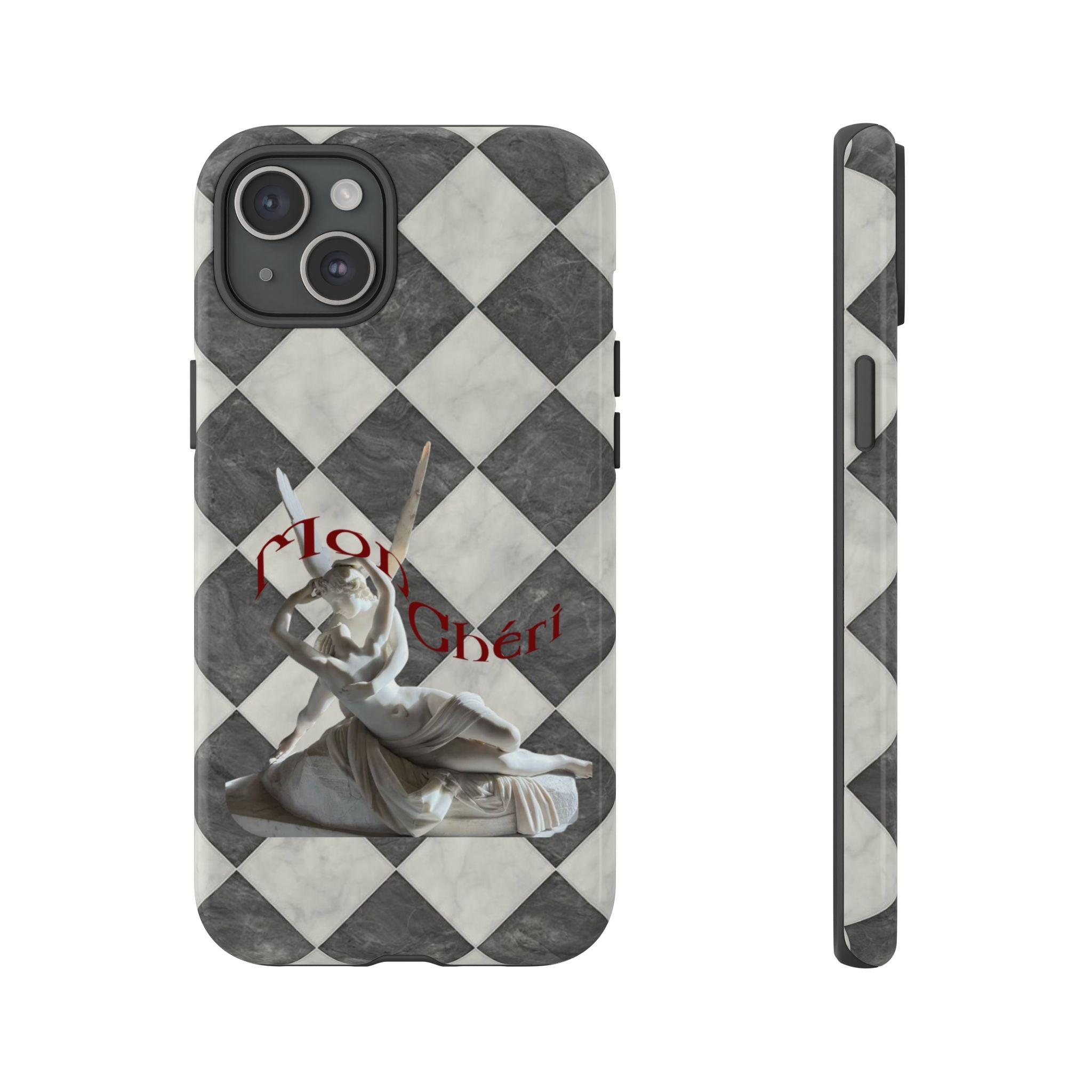 Phone Case — Vintage Harlequin Design with 'Mon Cheri' Statue Accent