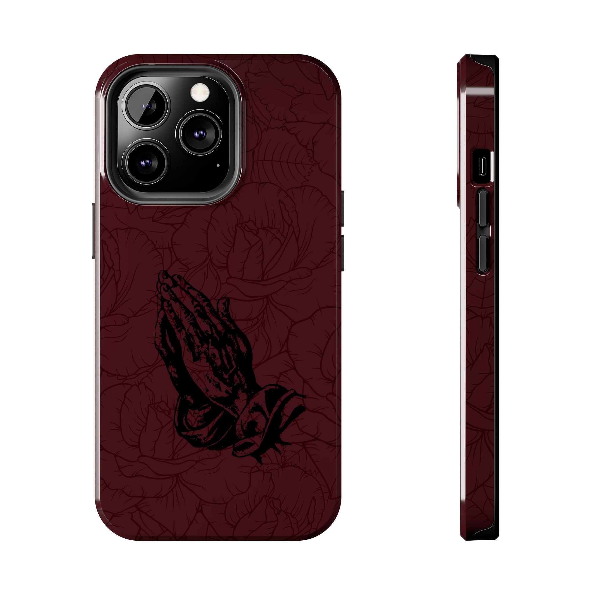 Burgundy Praying Hands Tough Phone Case – Floral Background, Religious Protective Cover