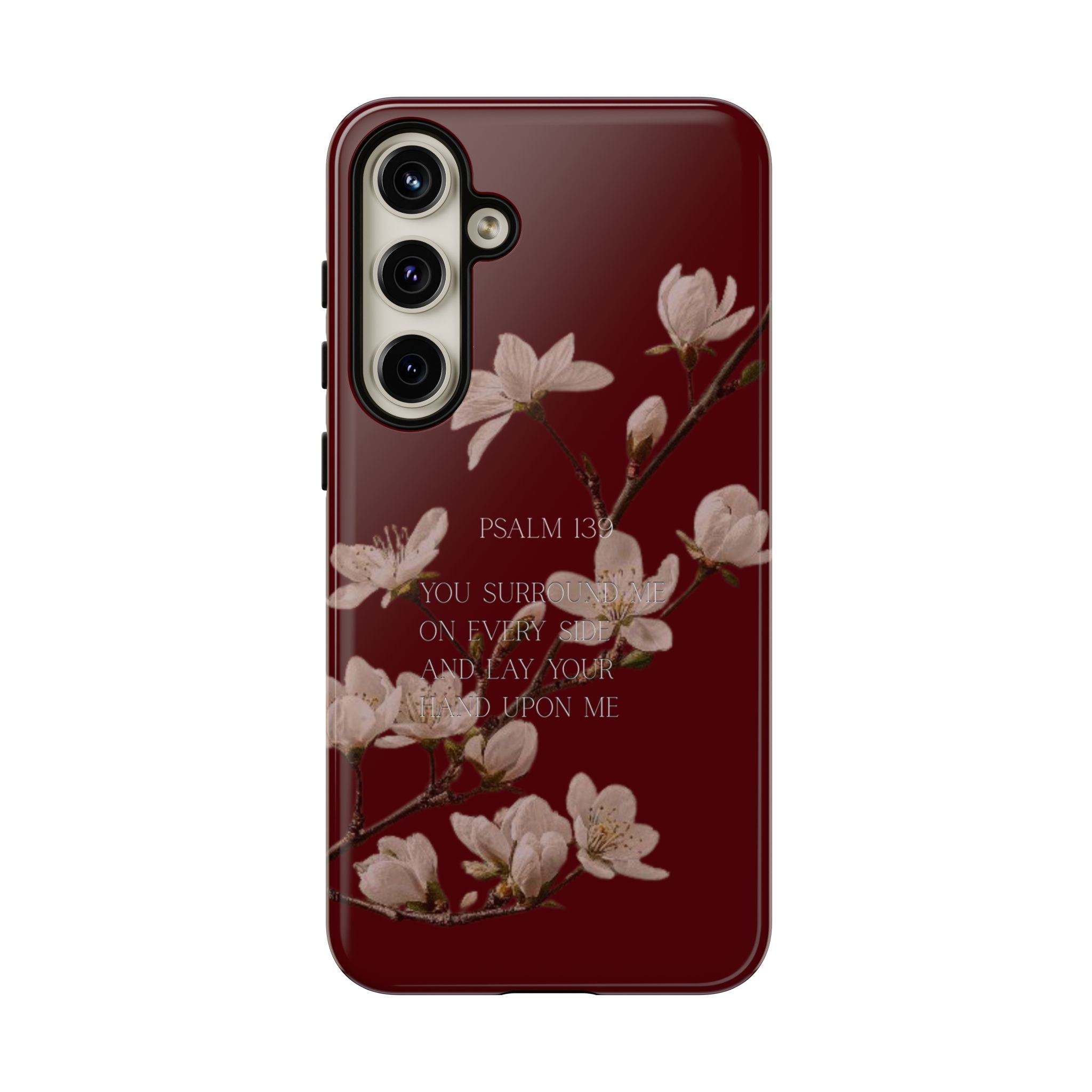 Floral Psalm Tough Phone Case — Burgundy Magnolia Branch with Psalm 139 Verse