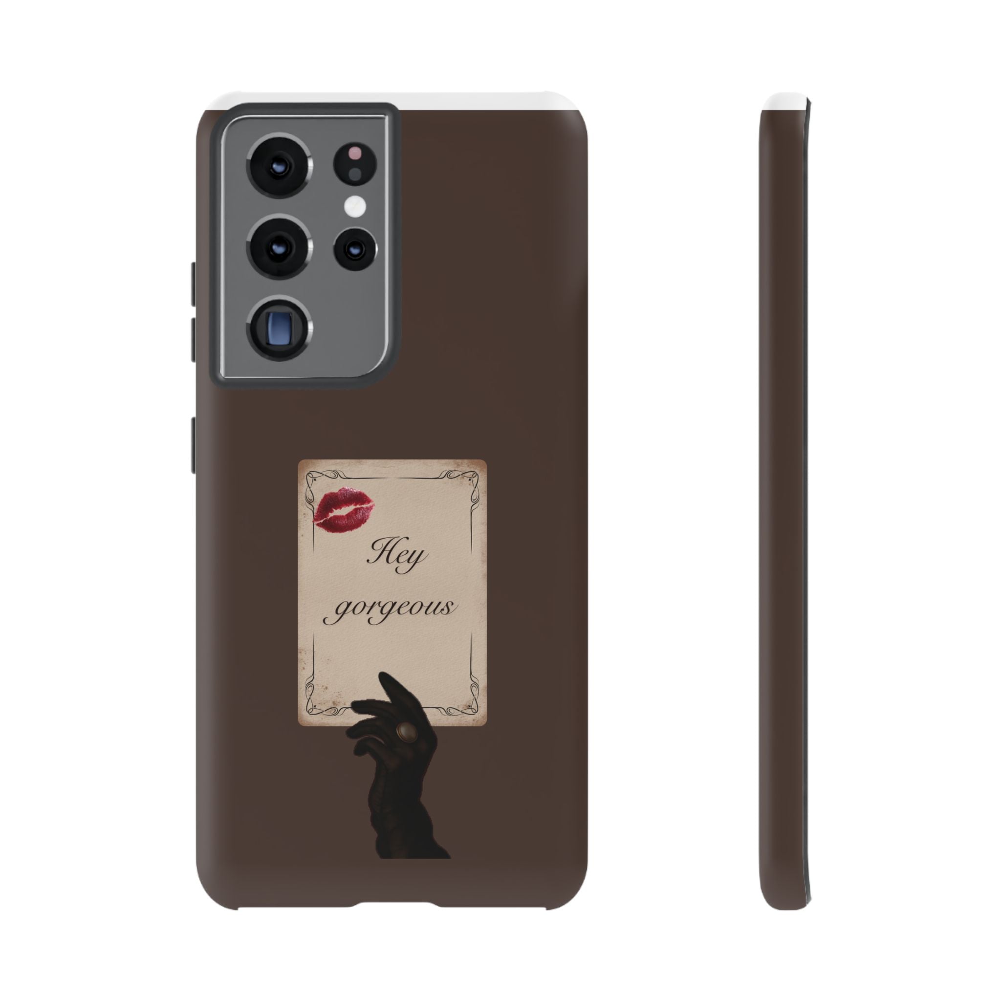 Hey Gorgeous Phone Case — Brown Lip Print & Shadow Hand Protective Cover
