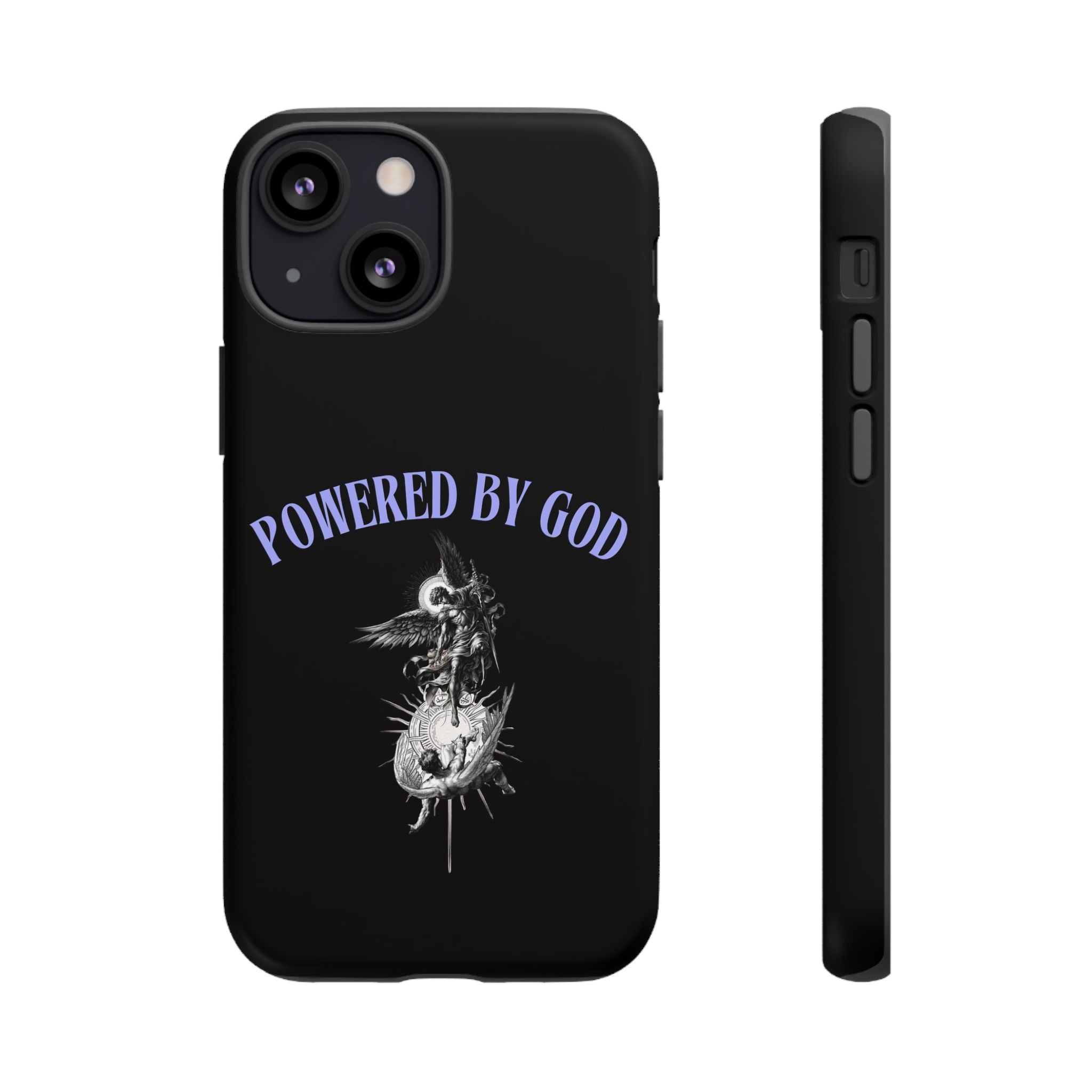 Phone Case — "Powered by God" Black Protective Case with Angelic Skull Design
