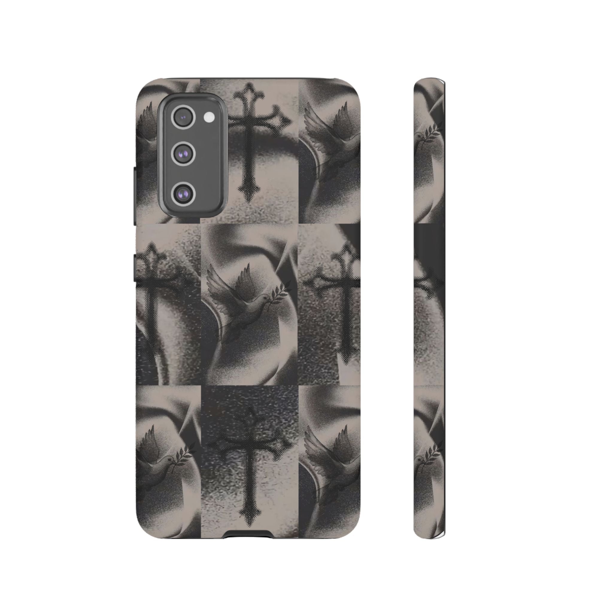 Gothic Cross & Dove Phone Case — Moody Checkerboard Protective Case
