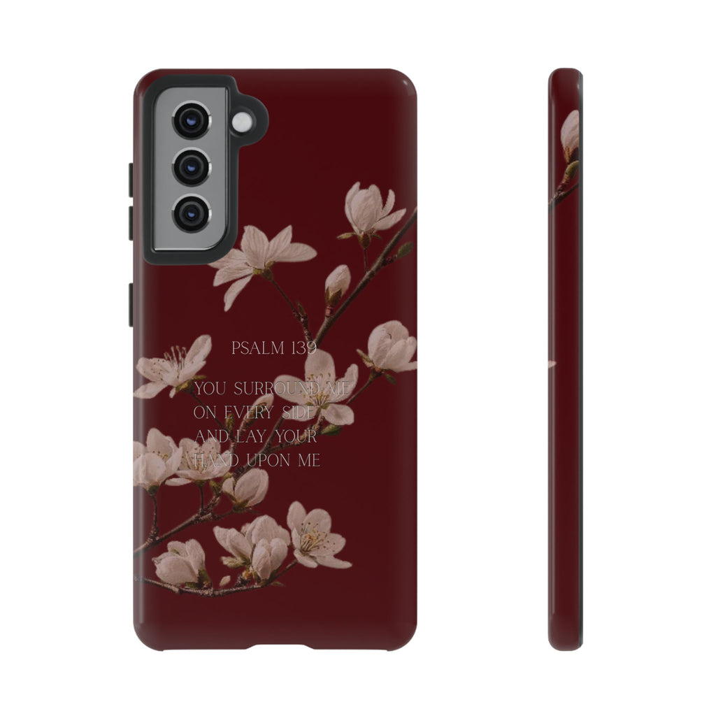 Floral Psalm Tough Phone Case — Burgundy Magnolia Branch with Psalm 139 Verse