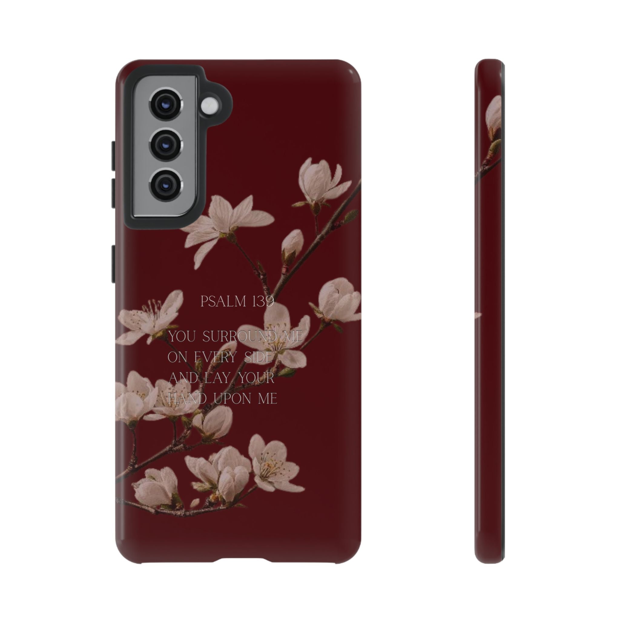 Floral Psalm Tough Phone Case — Burgundy Magnolia Branch with Psalm 139 Verse