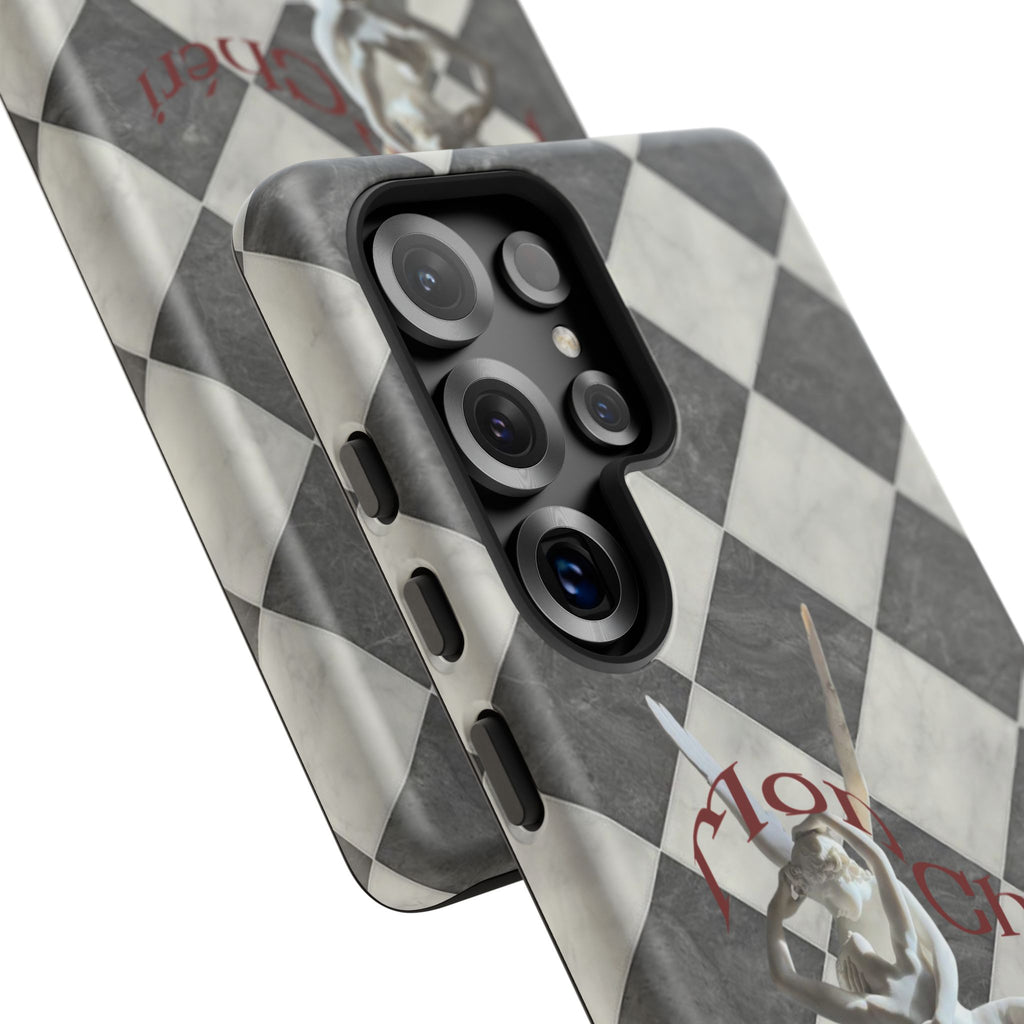 Phone Case — Vintage Harlequin Design with 'Mon Cheri' Statue Accent