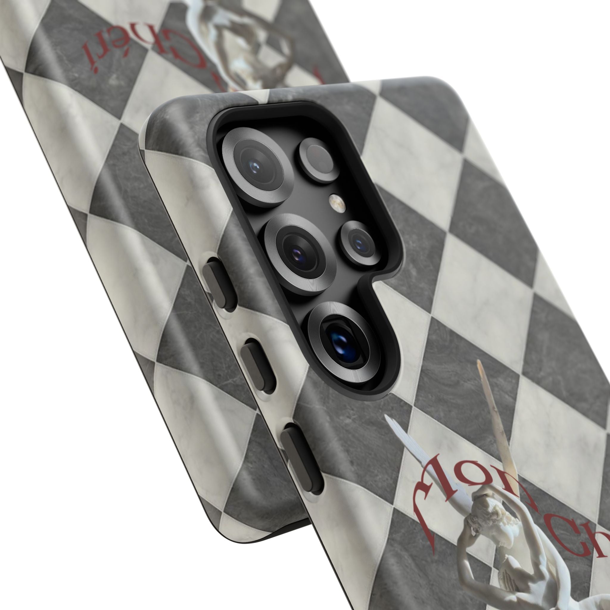 Phone Case — Vintage Harlequin Design with 'Mon Cheri' Statue Accent
