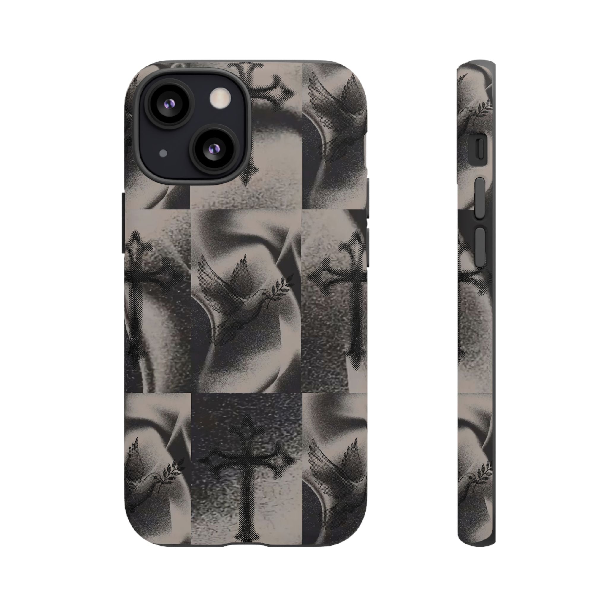 Gothic Cross & Dove Phone Case — Moody Checkerboard Protective Case