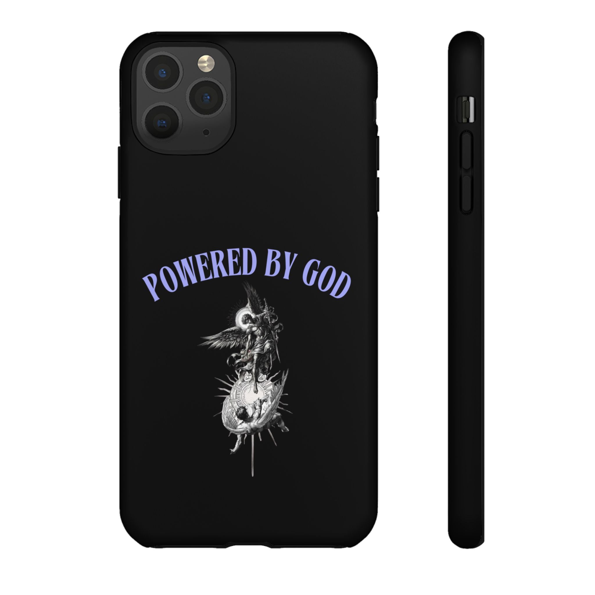 Phone Case — "Powered by God" Black Protective Case with Angelic Skull Design