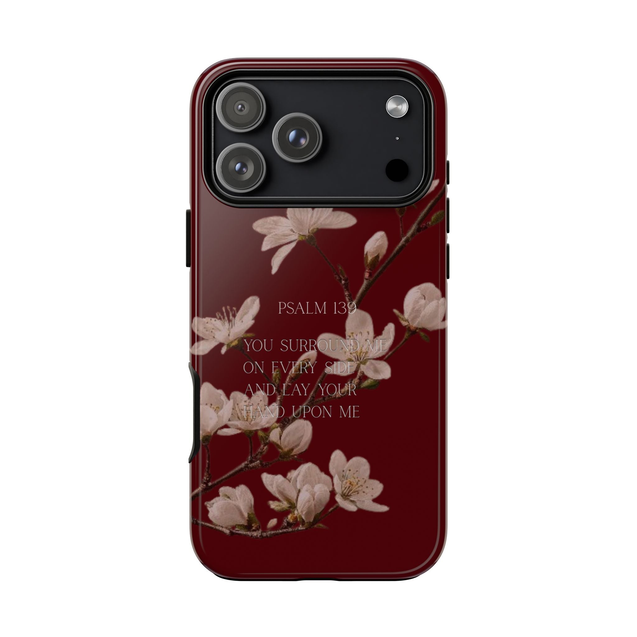 Floral Psalm Tough Phone Case — Burgundy Magnolia Branch with Psalm 139 Verse