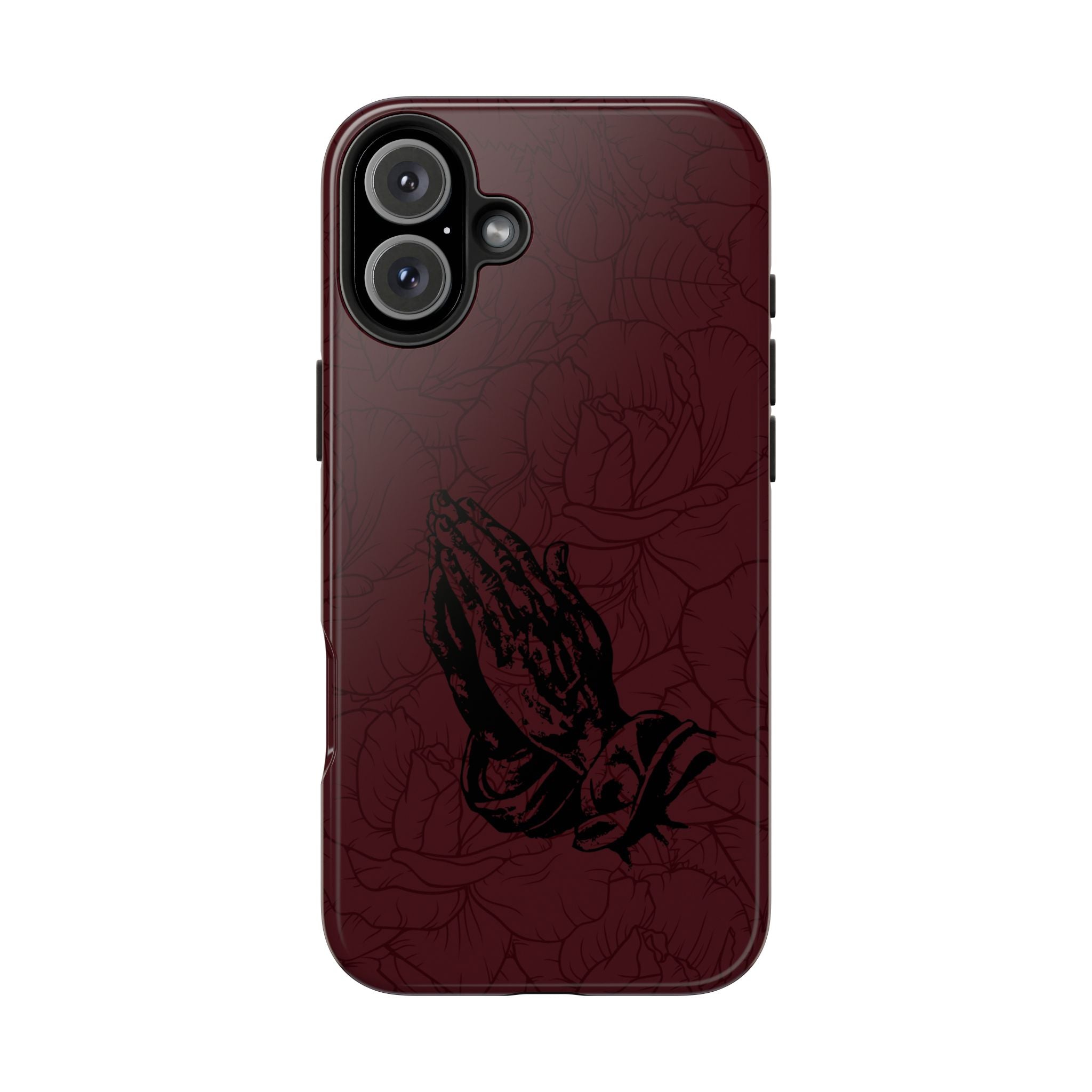 Burgundy Praying Hands Tough Phone Case – Floral Background, Religious Protective Cover