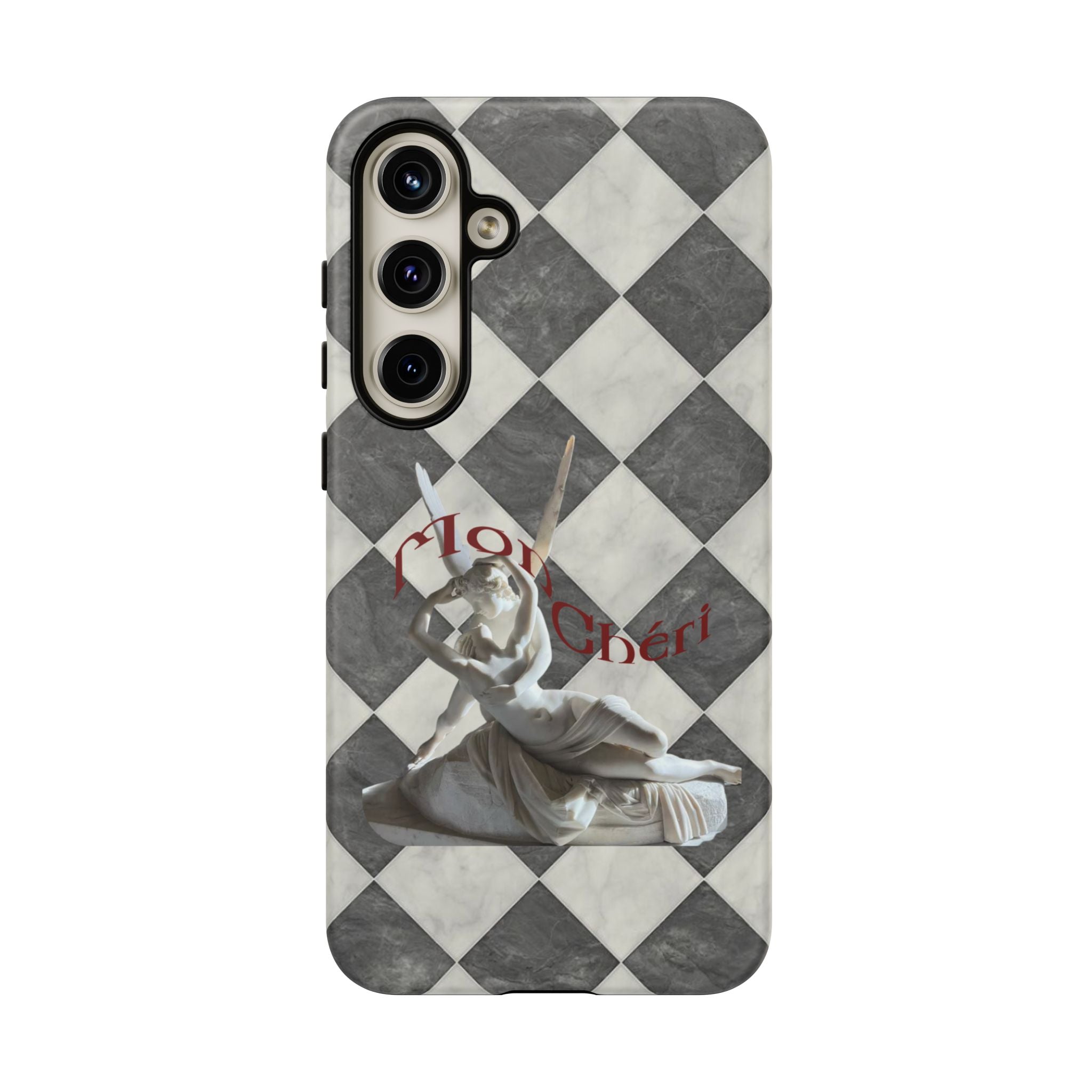 Phone Case — Vintage Harlequin Design with 'Mon Cheri' Statue Accent