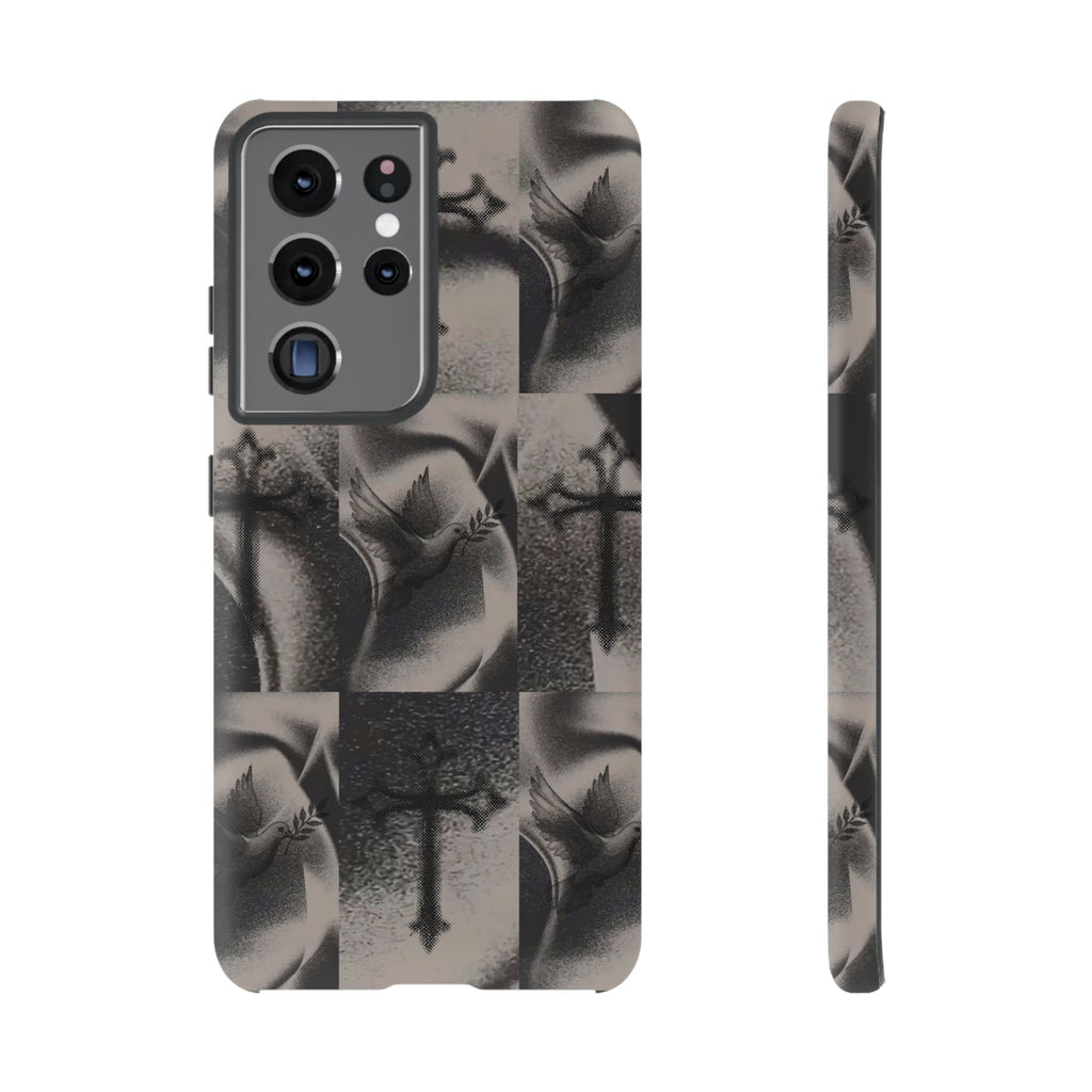 Gothic Cross & Dove Phone Case — Moody Checkerboard Protective Case