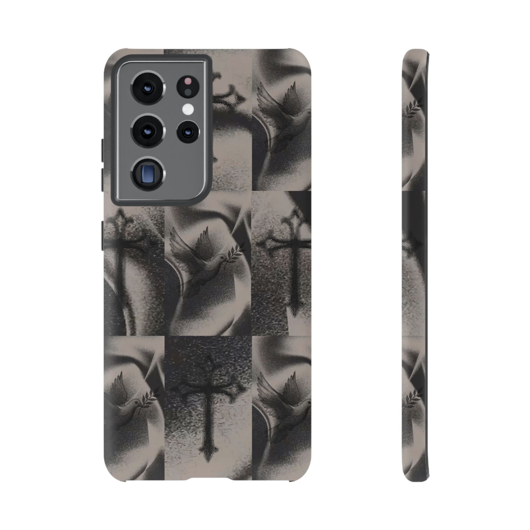 Gothic Cross & Dove Phone Case — Moody Checkerboard Protective Case