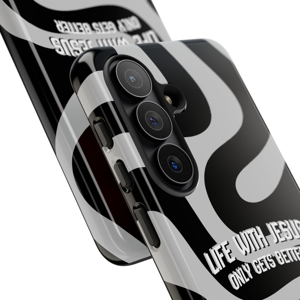 Christian iPhone Tough Case — "Life With Jesus Only Gets Better" Black & White Swirl Design