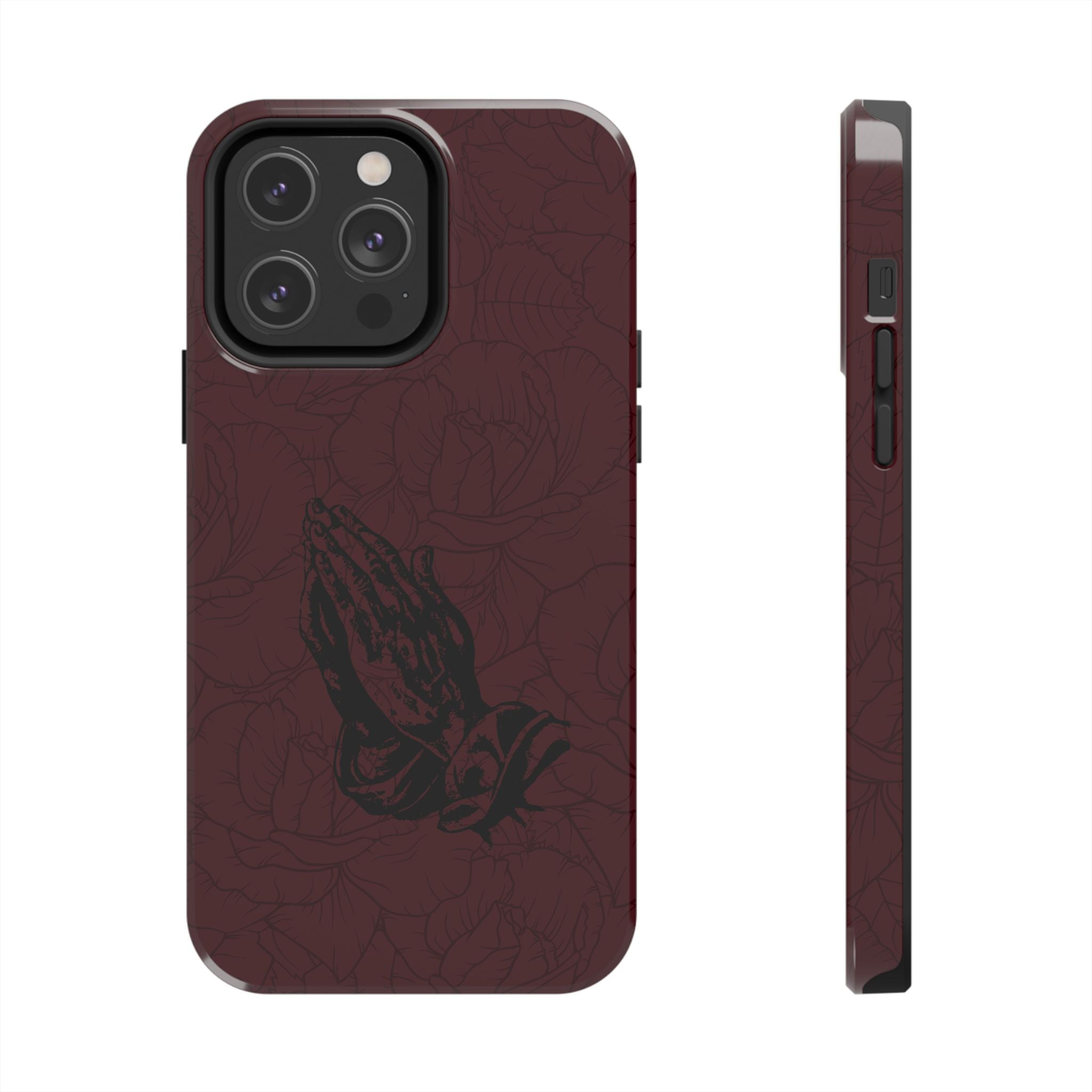 Burgundy Praying Hands Tough Phone Case – Floral Background, Religious Protective Cover
