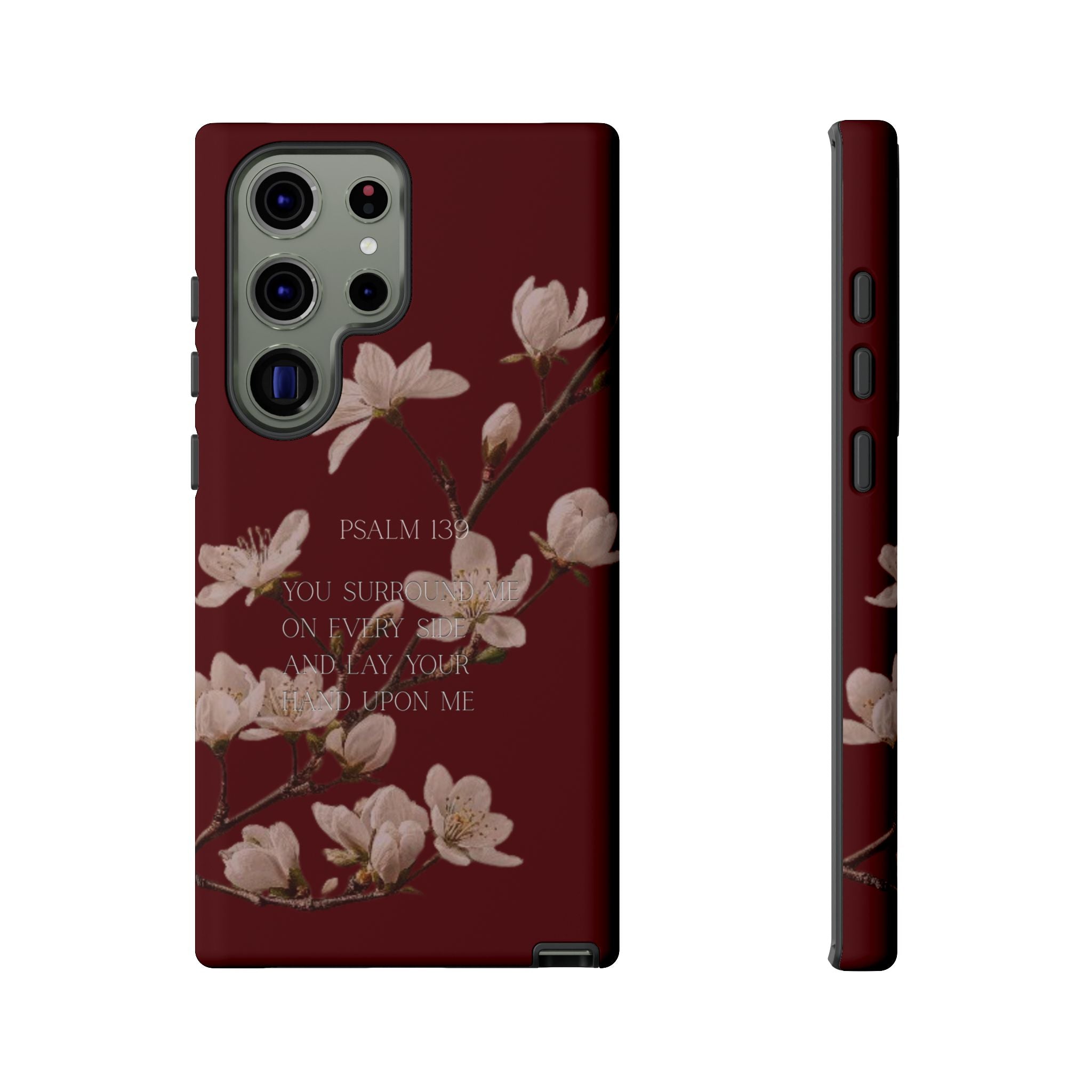 Floral Psalm Tough Phone Case — Burgundy Magnolia Branch with Psalm 139 Verse