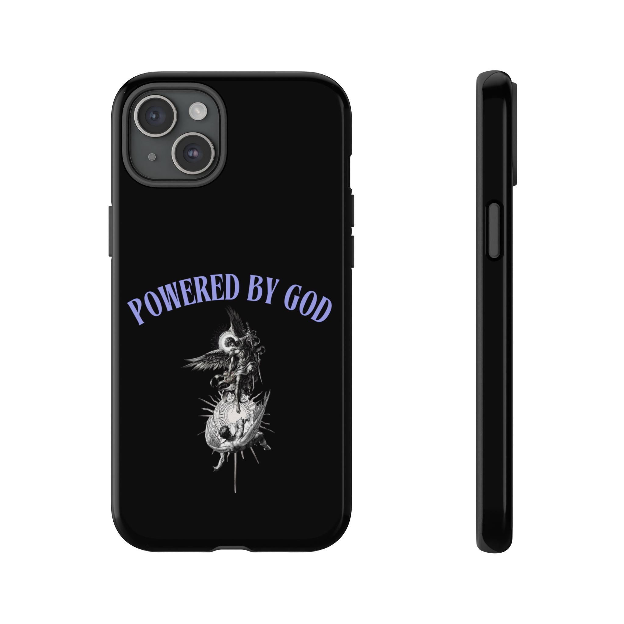 Phone Case — "Powered by God" Black Protective Case with Angelic Skull Design