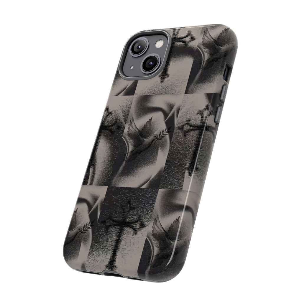 Gothic Cross & Dove Phone Case — Moody Checkerboard Protective Case