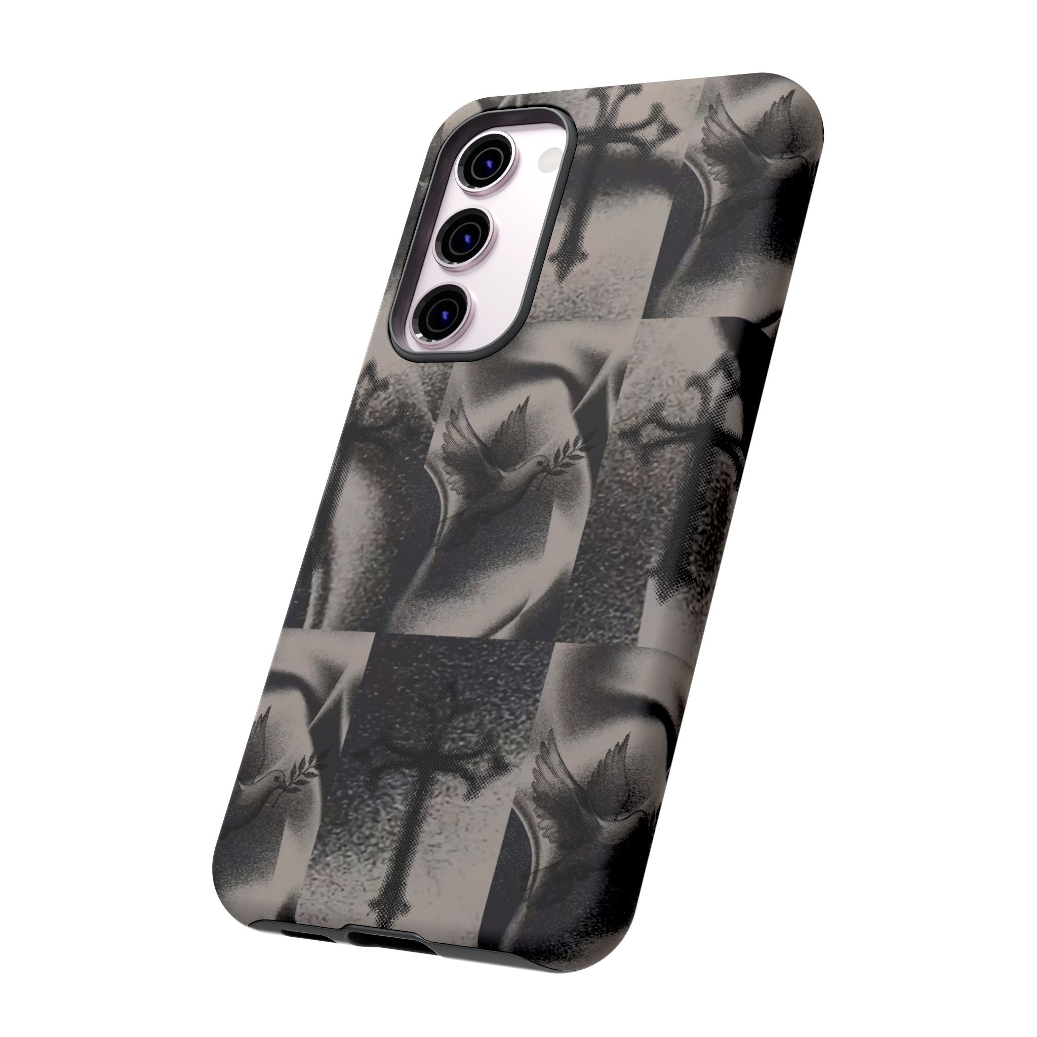 Gothic Cross & Dove Phone Case — Moody Checkerboard Protective Case