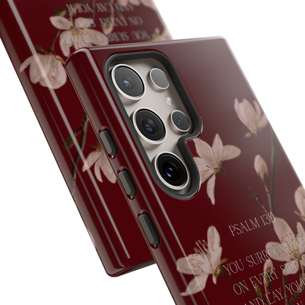 Floral Psalm Tough Phone Case — Burgundy Magnolia Branch with Psalm 139 Verse