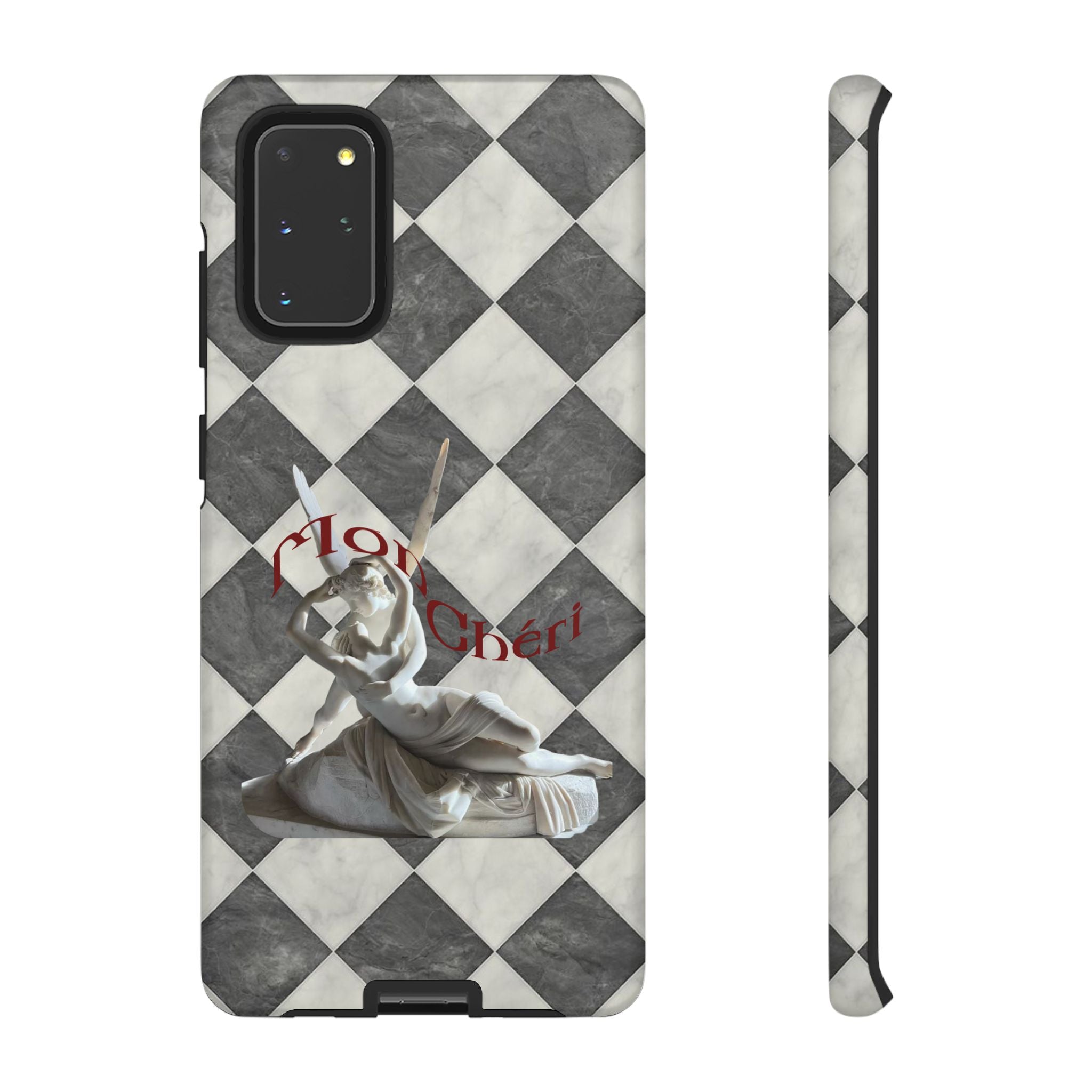 Phone Case — Vintage Harlequin Design with 'Mon Cheri' Statue Accent